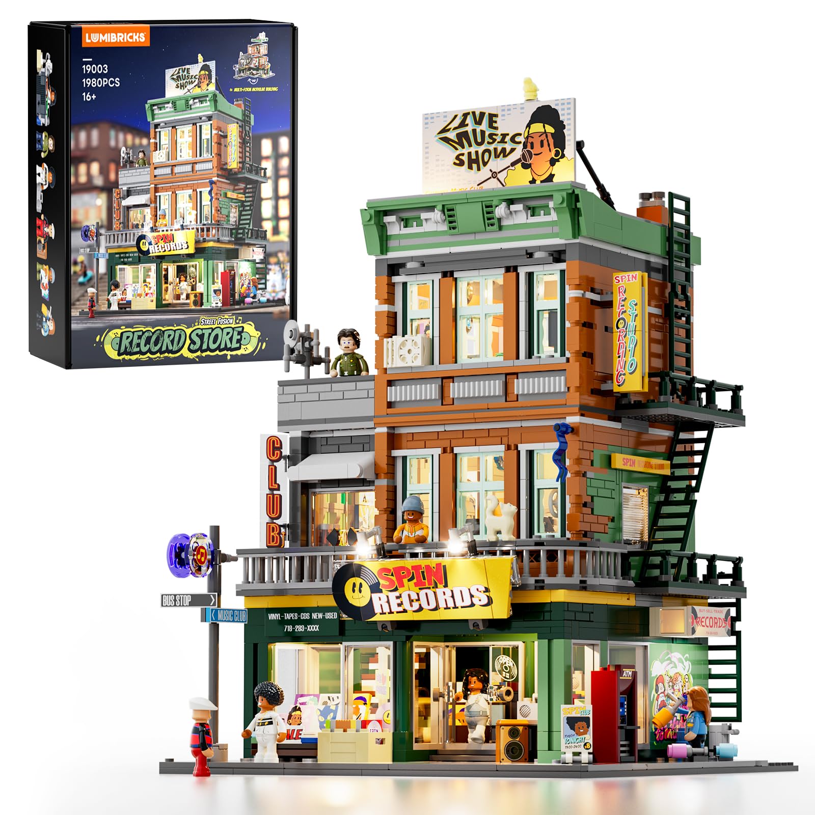 Lumibricks Plattenladen Beleuchtung Klemmbausteine Haus - 1980 Pcs Street Fusion Audio Shop, Multi-Form Modular Building Sammlung Kit für Erwachsene & Musikliebhaber