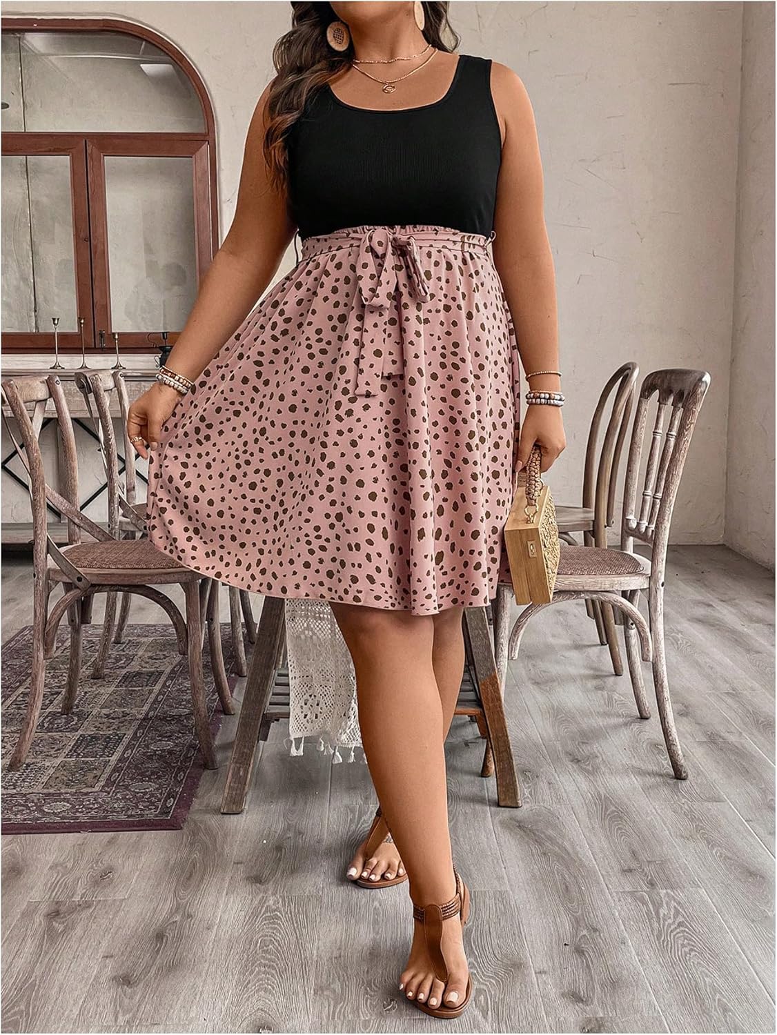 SOLY HUX Women's Plus Size Polka Dots Sleeveless Summer Tank Dress Belted Vacation Beach Flowy Short Dresses - Image 4