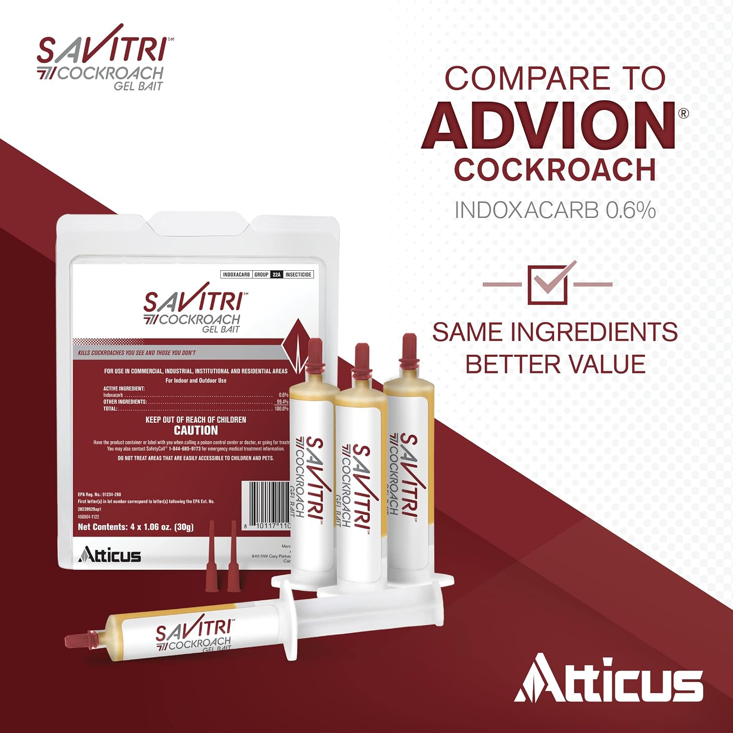 Savitri Cockroach Gel Bait (4 Tubes) by Atticus (Equivalent to The Leading Brand) - Ready to Use Roach Control for Indoor and Outdoors - Indoxacarb