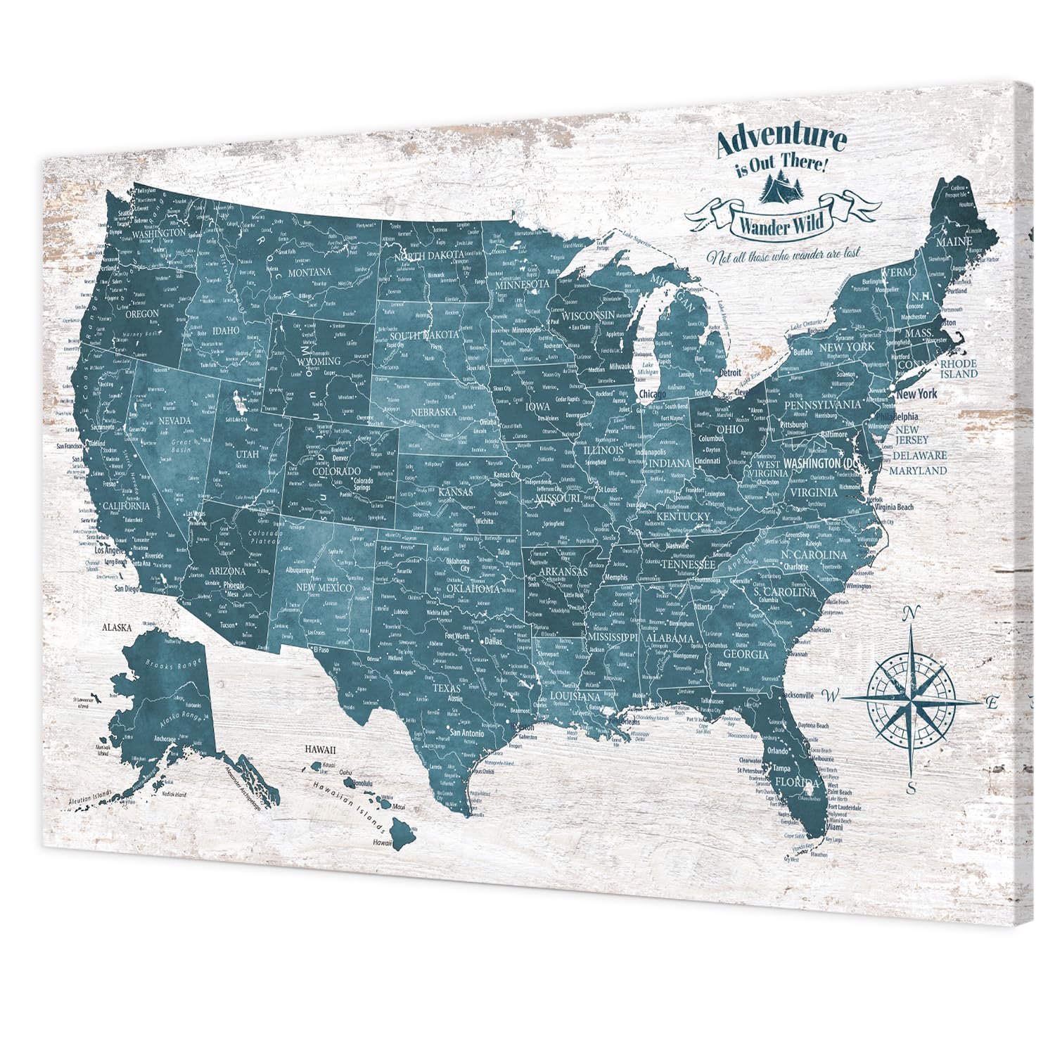 IPIC Antique Blue US Travel Map with Pins, USA Map Pin Board, Size 36x24 in