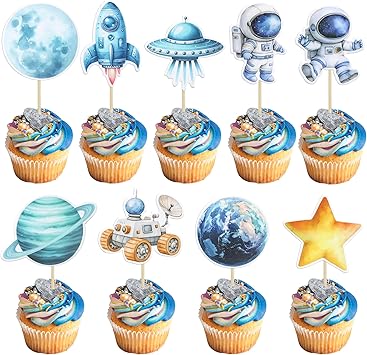 Gyufise 36 Pcs الفضاء رائد الفضاء كب كيك Toppers الكوكب صاروخ تلسكوب رحلة إلى القمر كب كيك يختار للفضاء الخارجي الطفل دش الجنس الكشف عن عيد ميلاد الحزب كعكة الزينة الأزرق