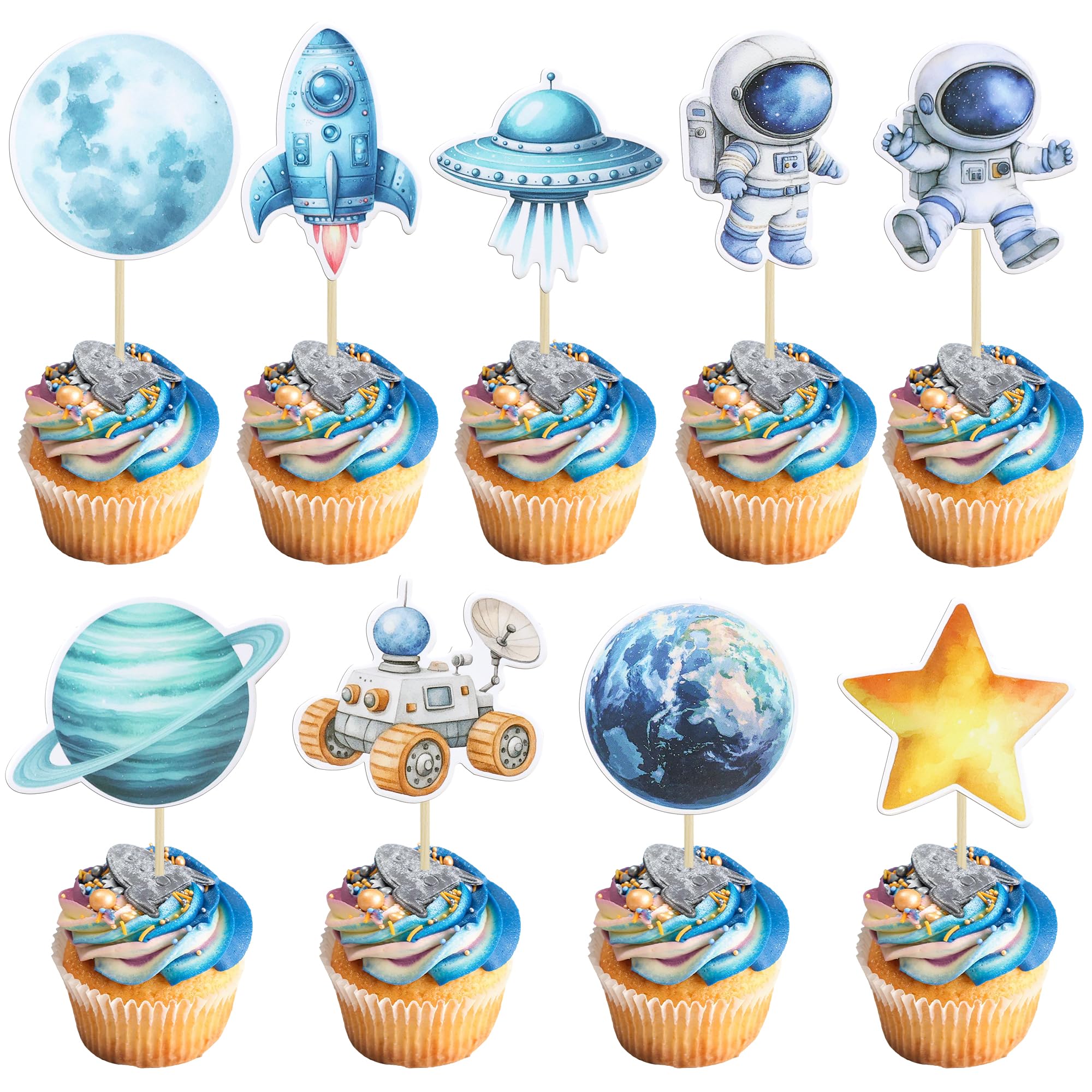Gyufise 36Pcs Space Astronaut Cupcake Toppers Planet Rocket Telescope Trip to the Moon Cupcake Picks for Outer Space Baby Shower Gender Reveal Birthday Party Cake Decorations Blue