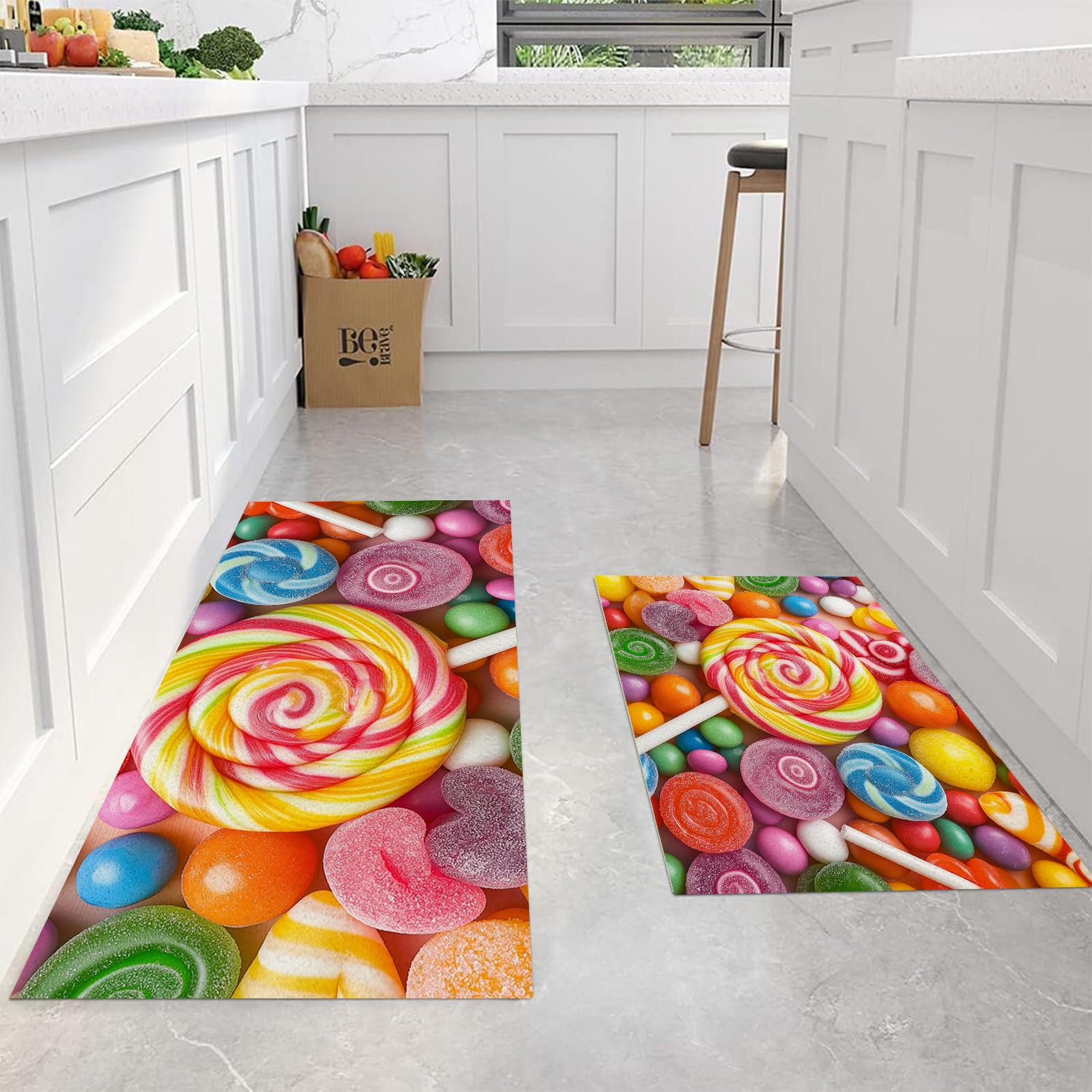 Alfombra de Cocina piruleta de Caramelo 2 Piezas, Alfombrillas de Cocina Lavables para Suelo, Suaves Alfombrillas de Cocinas Antideslizantes para Lavadero