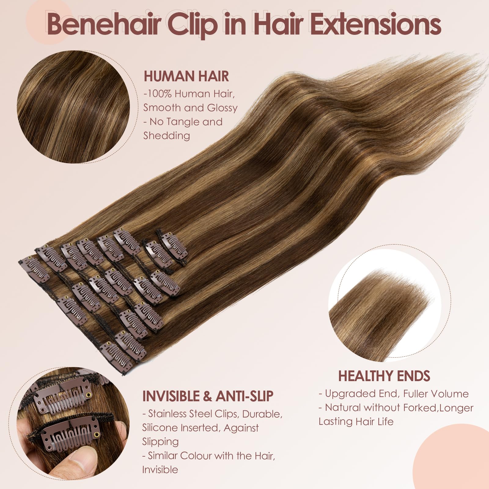Benehair Real Hair Extensions Clip in Remy Straight #4/27 Medium Brown Mix Dark Blonde Human Hair Clip in Extensions 8 Pcs Set including 18 Clips Silky Natural for Women Girls Daily Wear 20 Inch (70 g) - Image 4