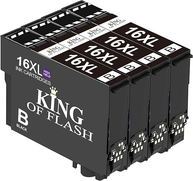KING OF FLASH Replacement for Epson 16 16XL Ink Cartridges Compatible for Epson Workforce WF-2750 WF-2760 WF-2010 WF-2630 WF-2510 WF-2520 WF-2660 WF-2540 WF-2650 WF-2530 (4 Black)