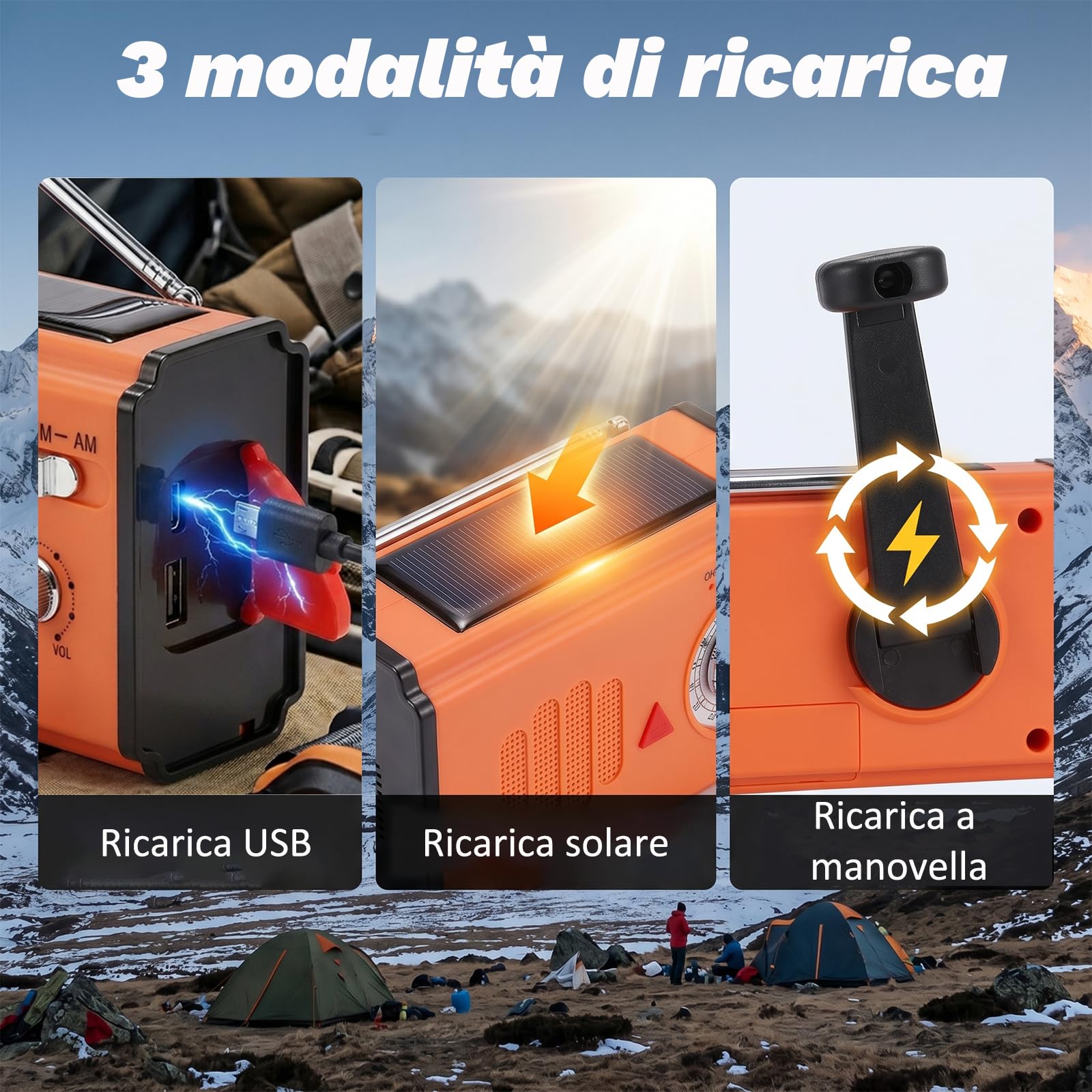 Radio a Manovella di Emergenza con Power Bank 4000mAh, Radio Solare Portatile AM/FM/WB, Torcia LED e Allarme SOS per Campeggio