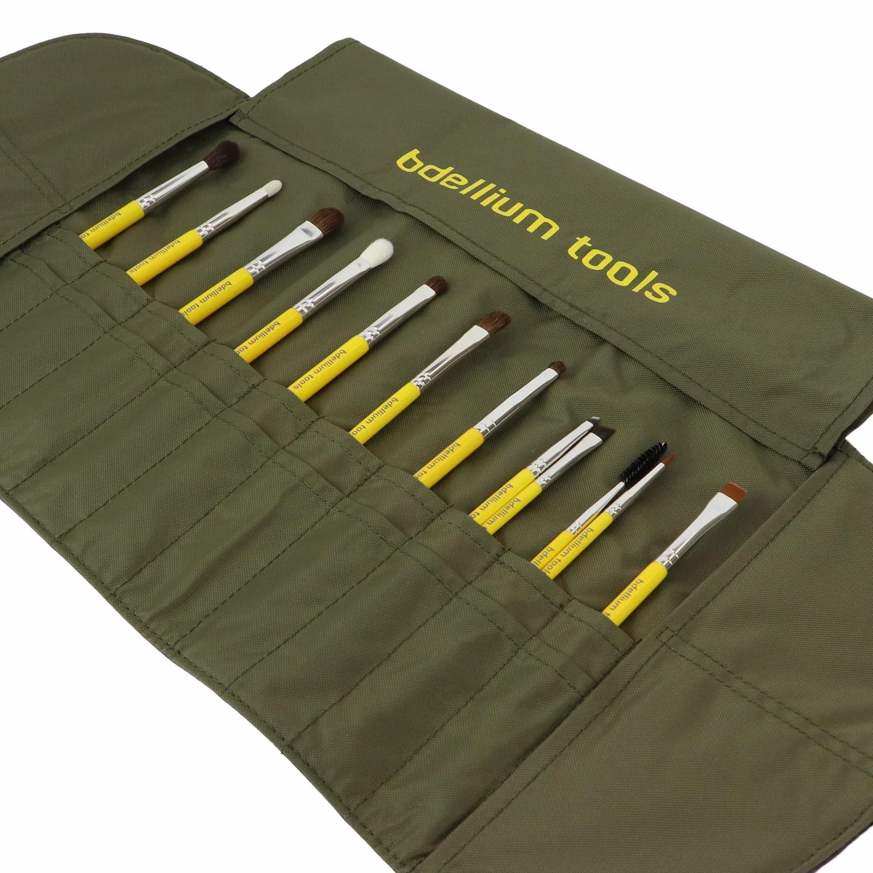 Bdellium Tools - Pennelli sfumatura occhi, professionali e antibatterici, con custodia arrotolabile, 12 pezzi
