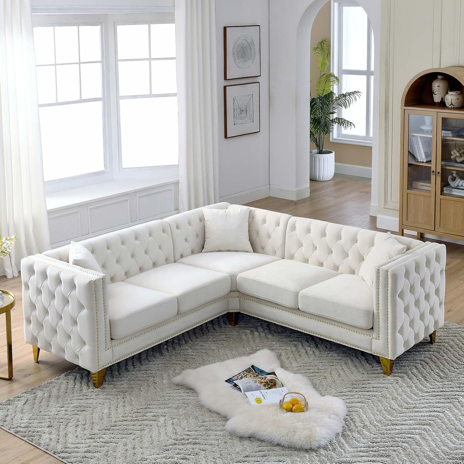 Antetek L Shaped Couches for Living Room, Modern Button