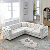 L Shaped Couches for Living Room, Modern Button Tufted Velvet Sofa Couch with Square Armrests Inlaid with Gold Nail Heads, Upholstered Corner Sofas for Living Room, Office, Apartment, Beige