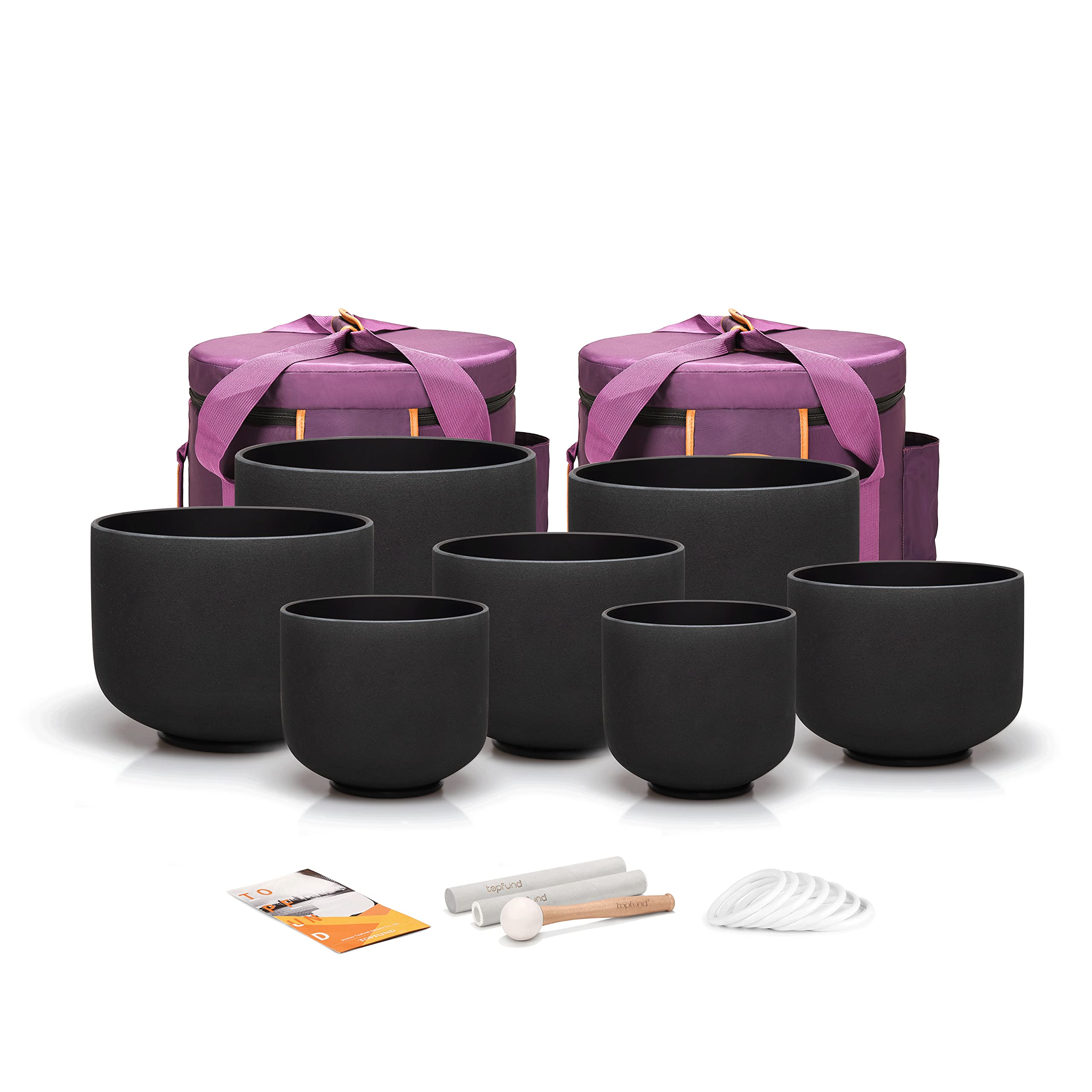 TOPFUND Chakra Set of 7 Black Crystal Singing Bowls 712 inch with Heavy Duty Carrying Cases and