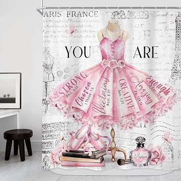 Ballet Pink Girls Dress Paris Ballerina Bathroom Shower Curtain Set | 60"W x 72"L shower curtain, Motivational Quote HD waterproof print, quick-dry cloth, free hooks for easy installation.