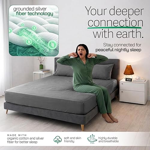 Miniatura 2 de Earthbound Grounding Well Sábanas de cama tamaño King – 90% algodón orgánico, 10% plata pura infundida Sábana bajera de bolsillo profundo Gris