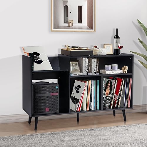 Miniatura 4 de RARZOE Soporte grande para tocadiscos, mesa giratoria Concord de mediados de siglo con capacidad para hasta 350 álbumes, gabinete de almacenamiento