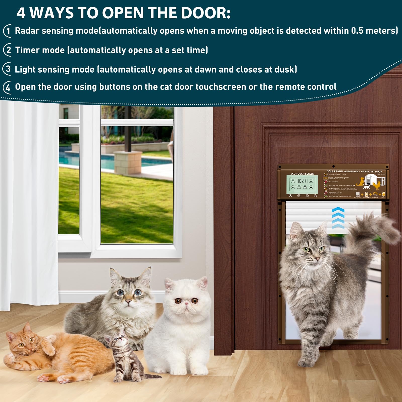 DGRTDZ Solar Automatic Cat Door, 5 Smart Modes (Radar, Timer, Light Sensor, Remote, Manual), Aluminum Pet Door for Interior Exterior Doors, Solar Powered or USB Plug-in, Cats (Brown)