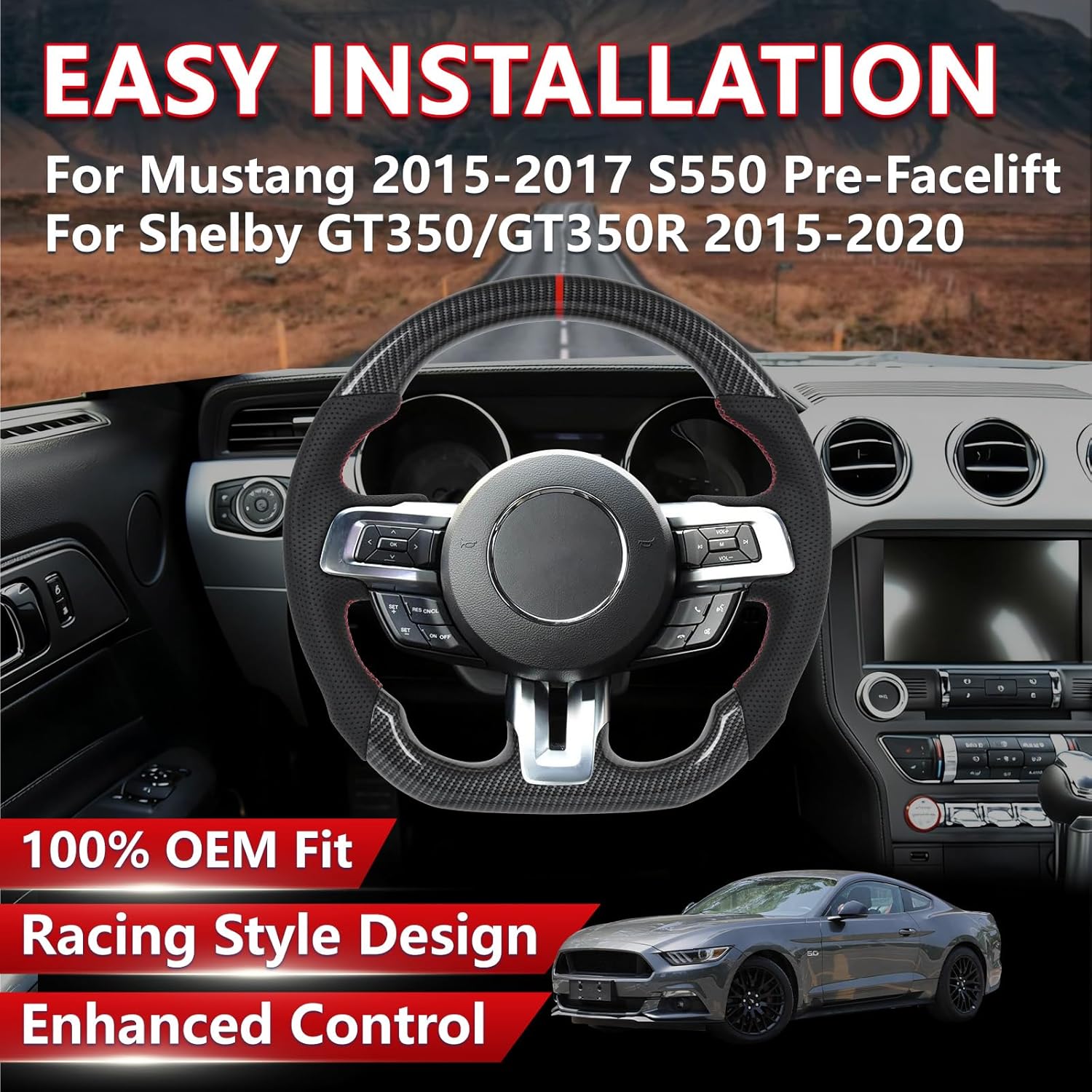 hydro-dip carbon fiber steering wheel for ford mustang 2015-2017 gt ecoboost v6 shelby gt350, anti-slip perforated leather grip, track style red stripe flat bottom interior upgrade hydro-dip red stripe no trim