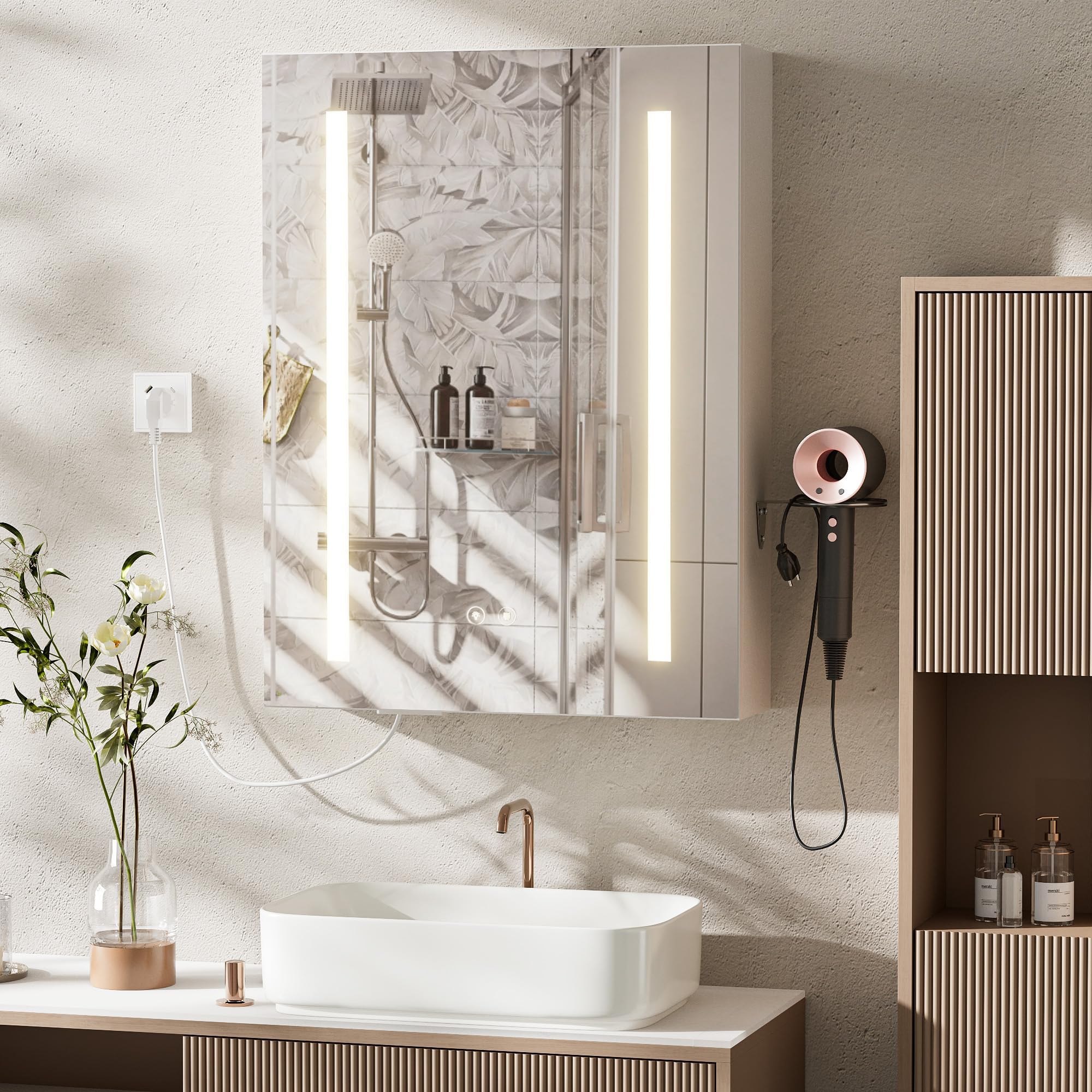 Bathroom Mirror Cabinets with Lights, USB Charging Socket LED 3 Colour Dimmable Anti-fog Wall Mount Storage Cupboard, 3 Adjustable Shelf Bathroom Storage Compartments Touch Control, White (60x15x80cm)