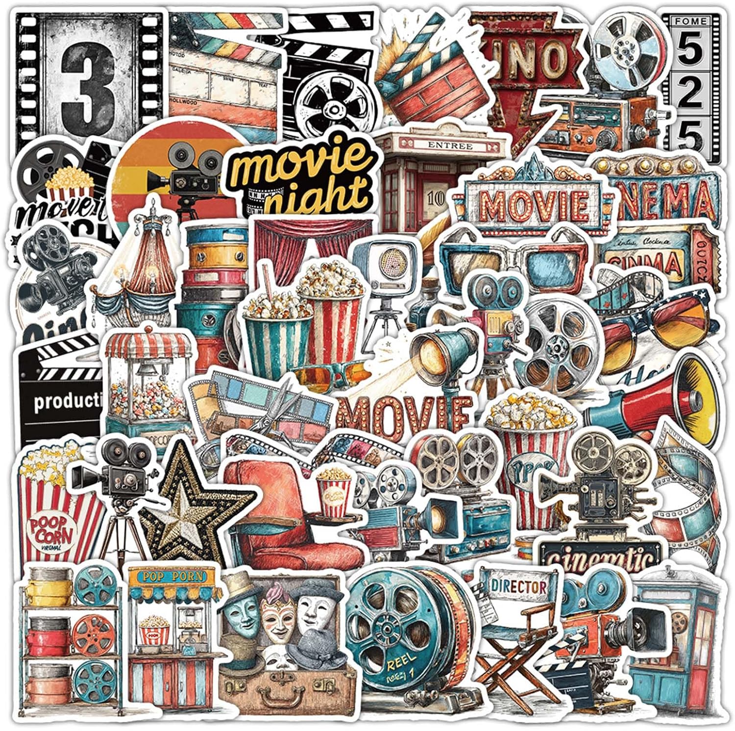 50Pcs Movie Night Stickers, Retro Movie Aesthetic Stickers for Water Bottles Scrapbook, Waterproof Vinyl Decals for Laptop Kindle Computer Luggage Party Favors(Red&Movie)