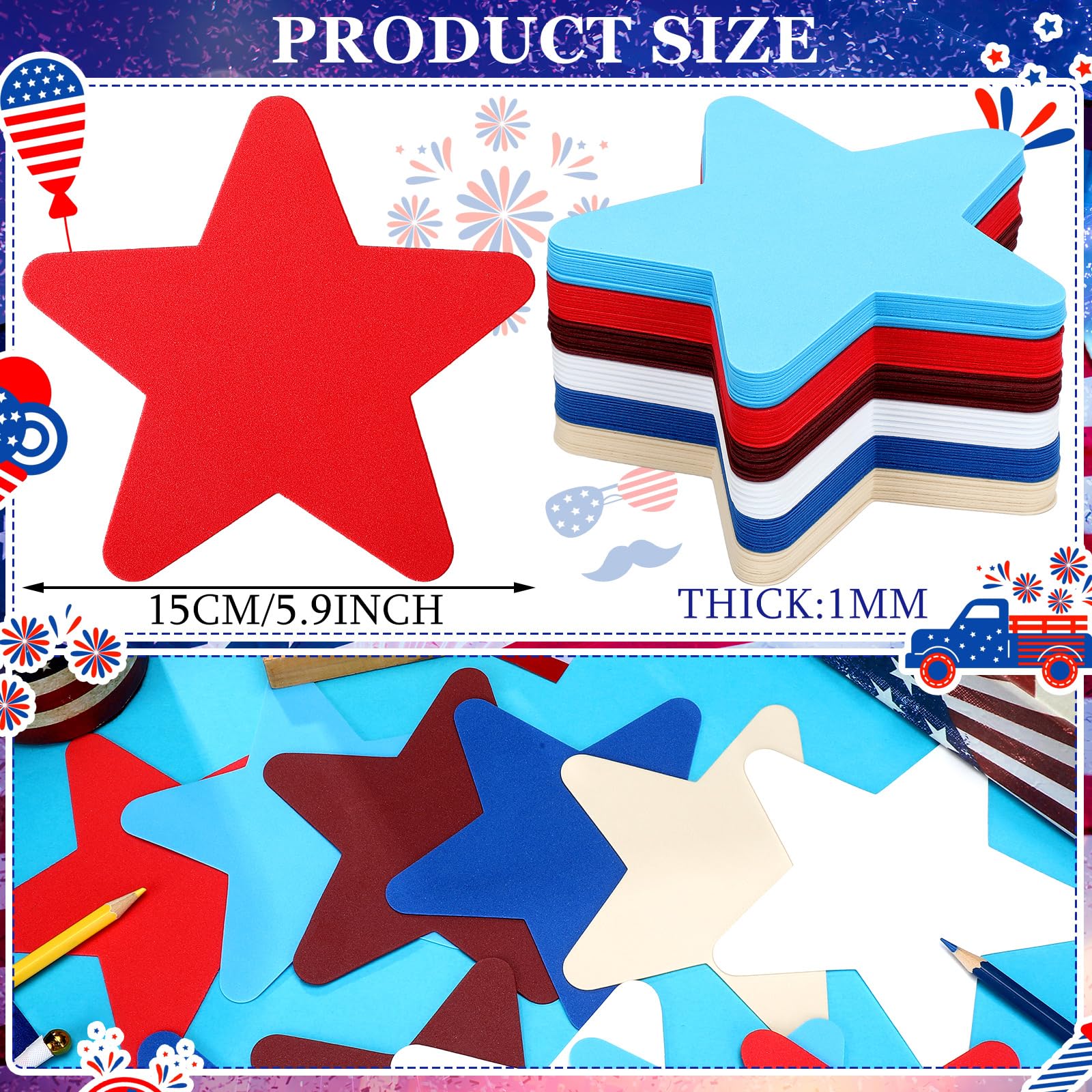 Bonieset 320-Pack Patriotic Glitter Foam Star Stickers - 4th Of July Decor, Red White Blue