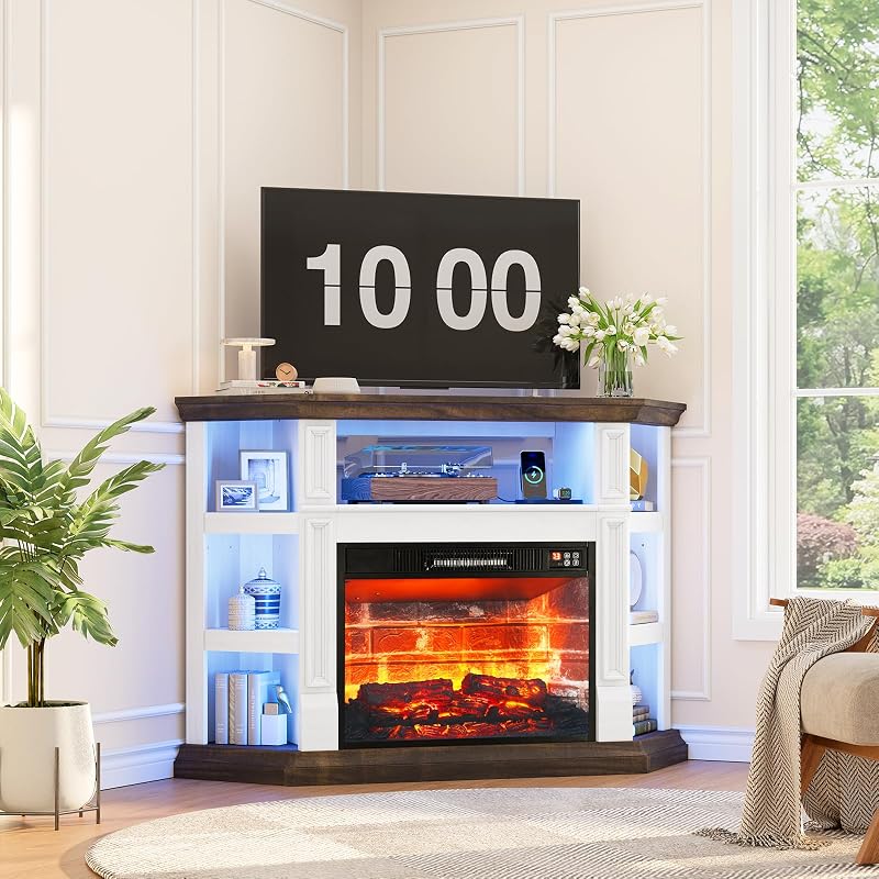 Naice 47" Corner Fireplace TV Stand for 55-Inch TVs with Storage, Brown image 3