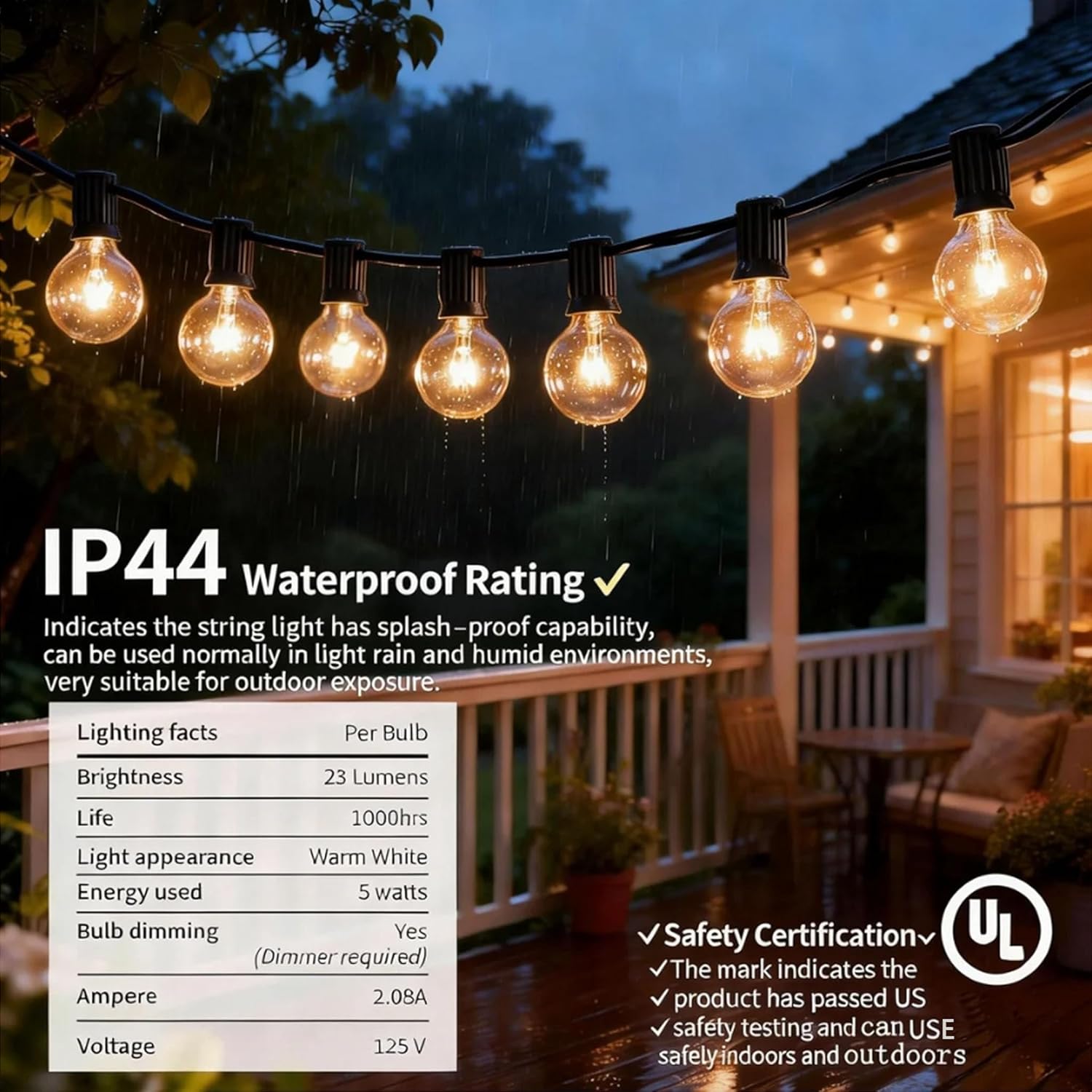 Abeja 25Ft Outdoor Patio String Lights, G40 Outdoor Globe String Lights with 27 Clear Bulbs, Hanging Light for Porch Backyard Deck Bars Wedding Indoor Decor, E12 Base, 5W Black Wire