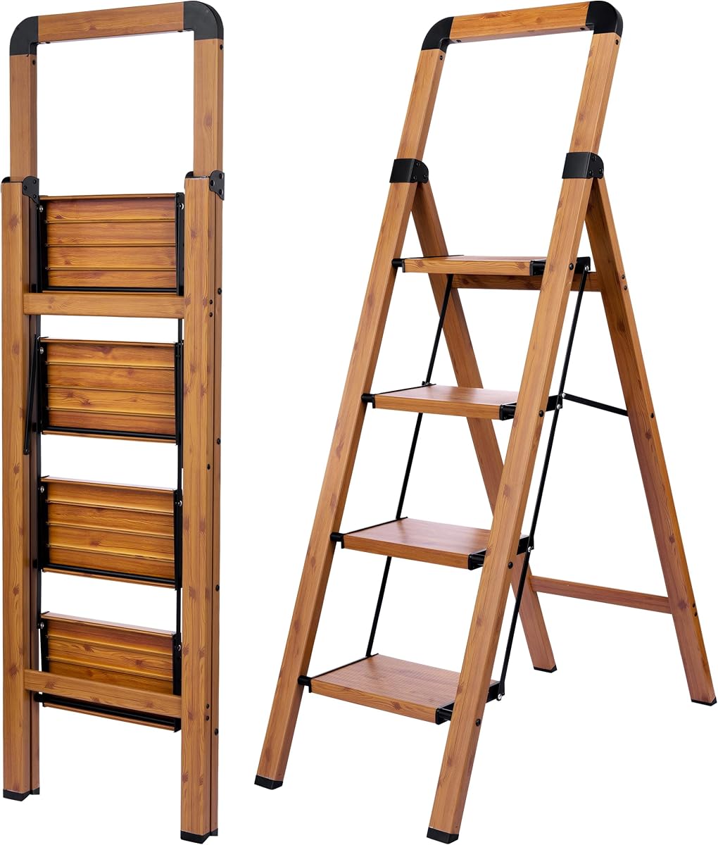 Escalera de mano Escaleras plegables de aluminio con acabado de madera veteada de 4 escalones | Taburete de escalera plegable resistente antideslizante para cocina, hogar, oficina Libaray