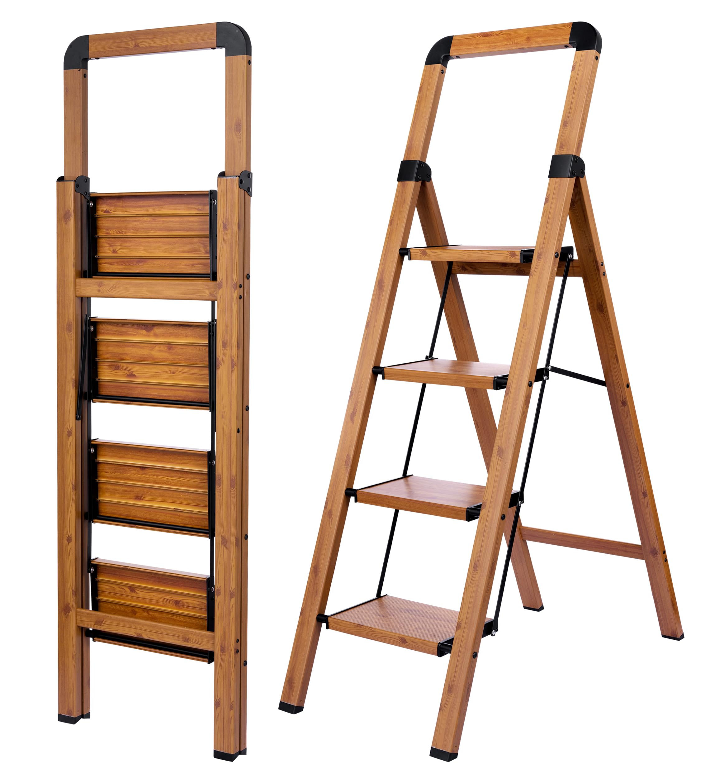 step ladders folding 4-step woodgrain finish aluminum foldable step stool,anti-slip portable sturdy for home & kitchen office 330 lbs