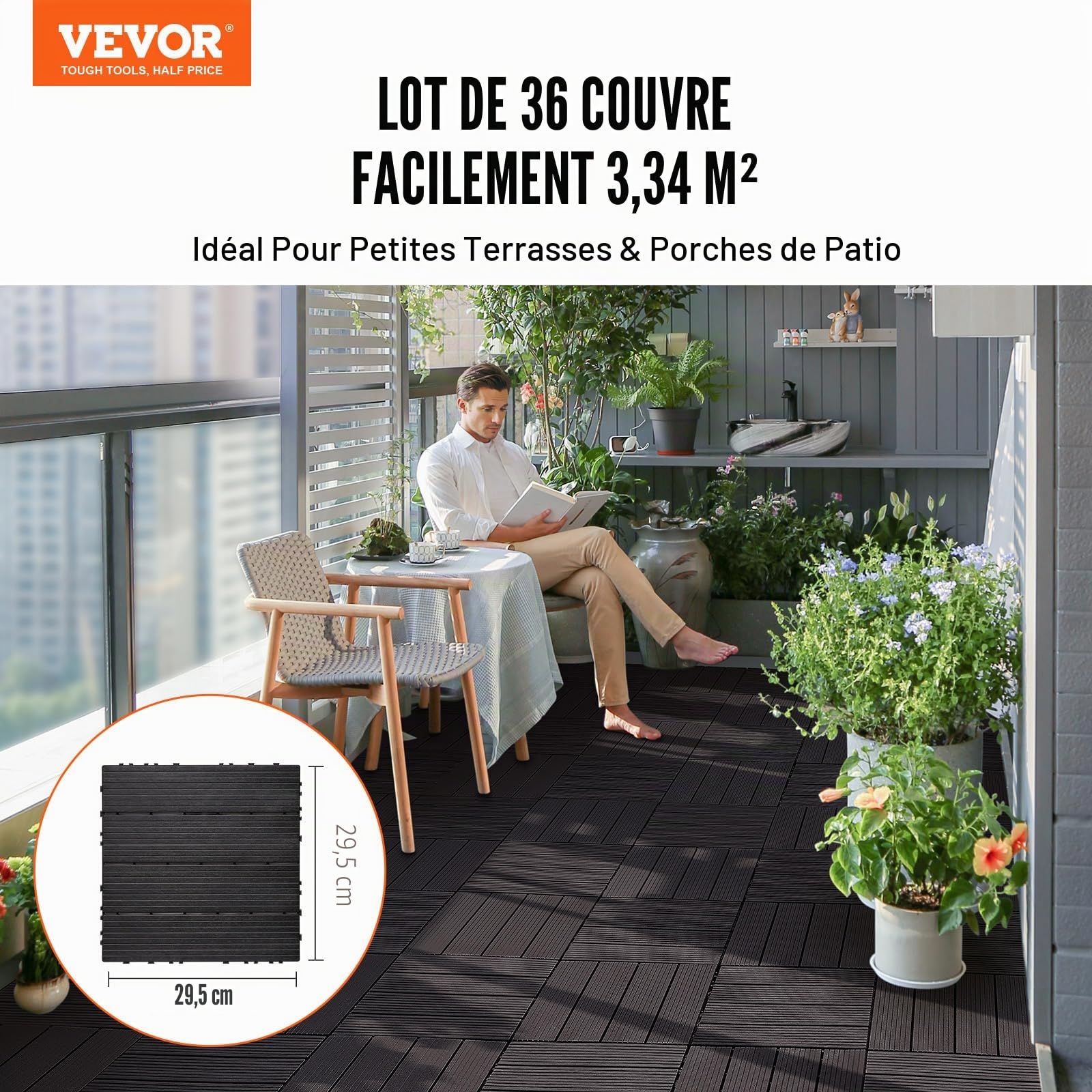 VEVOR Dalles de Terrasse Emboîtables, Lot de 36, Revêtement de Sol Plastique Imperméable, 300x300 mm, 33444 c㎡, Utilisation par Tous les Temps, pour Porche, Piscine, Balcon, Arrière-cour, Marron Foncé