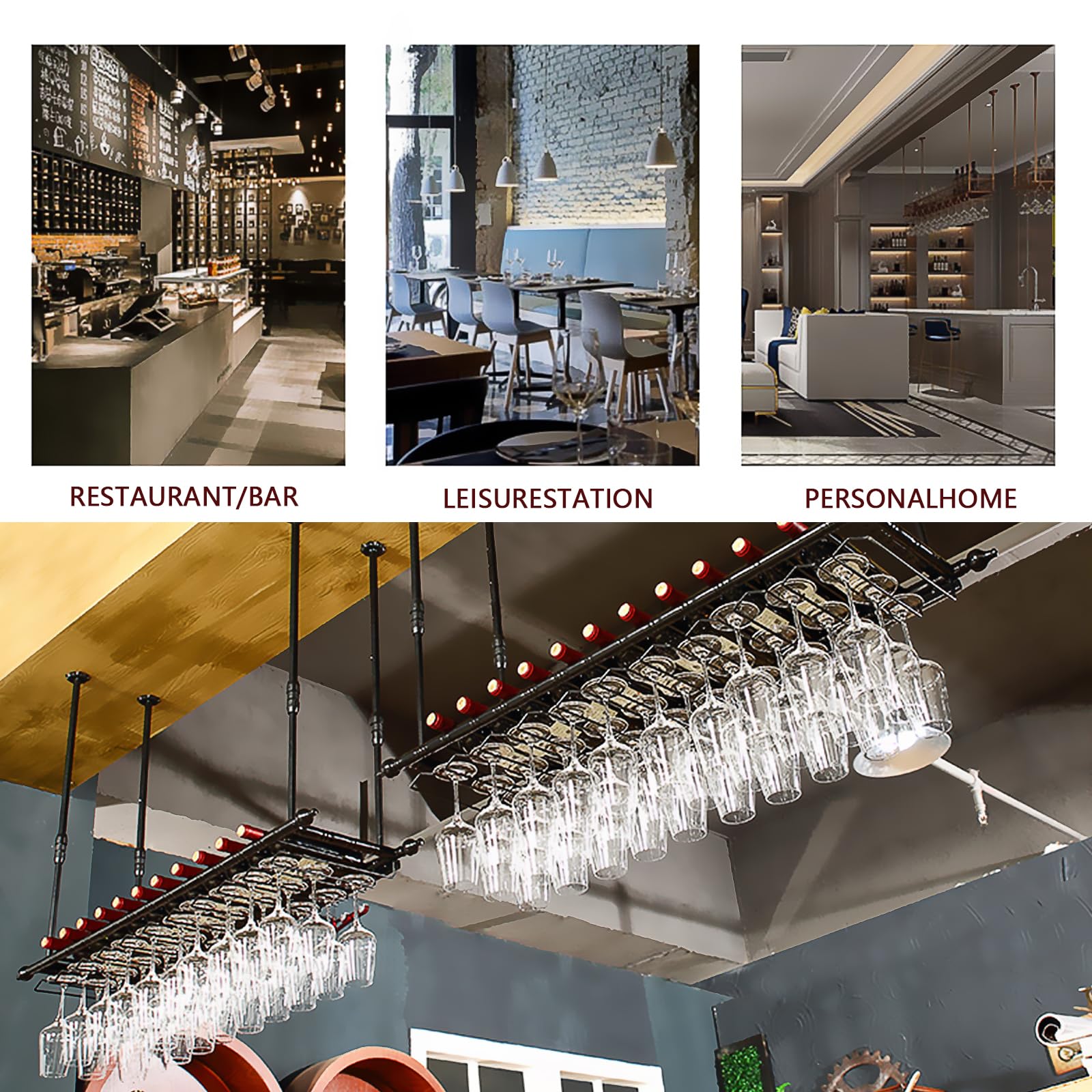 Suspendu Casiers à Bouteille et Porte-Verres Hauteur RéGlable, Porte Bouteilles en Métal, Montage au Plafond Paniers à Vin pour Famille Cuisine/Restaurant Hôtel/Bar (BK, 120x30x(30-60) cm)