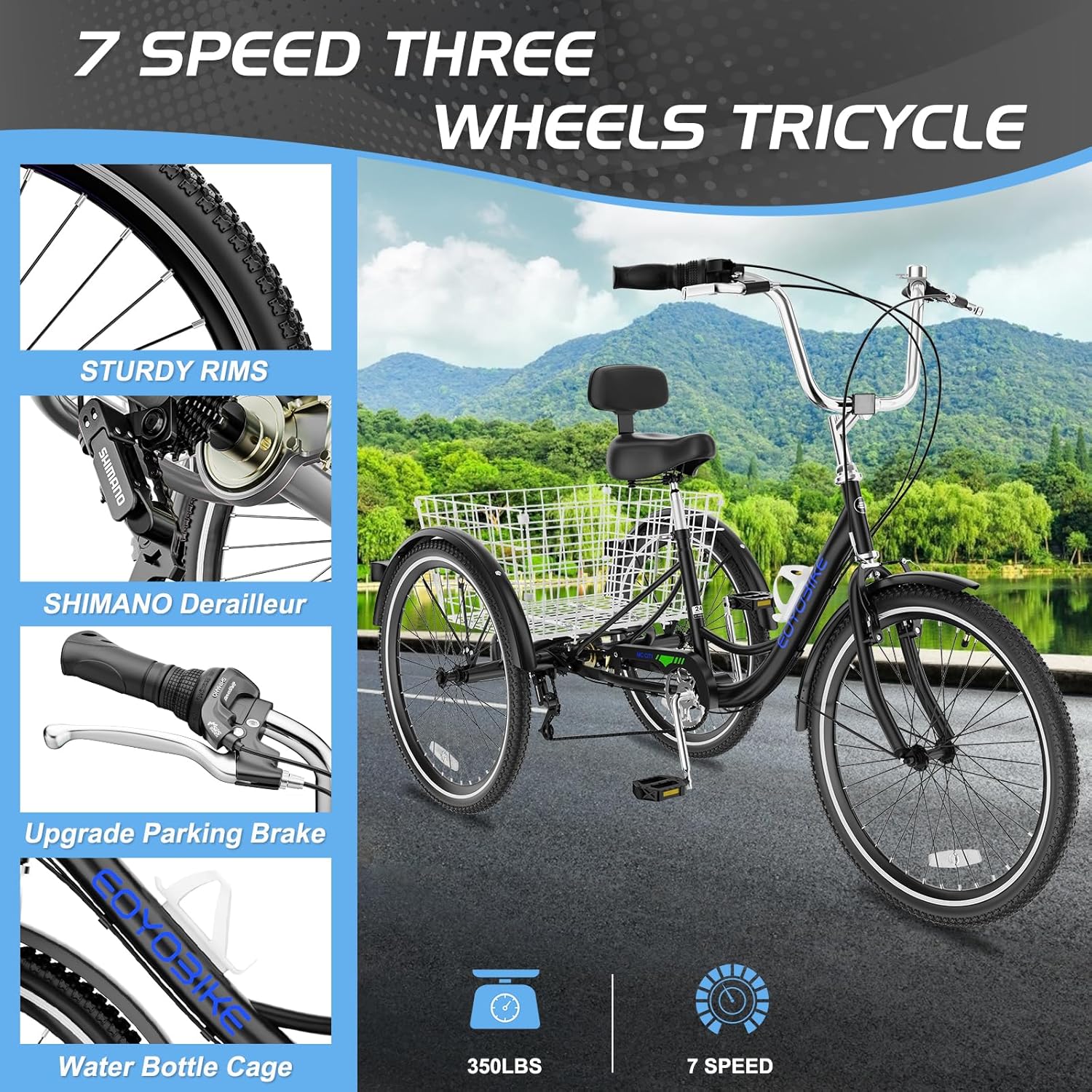 Adult Tricycle 3-Wheel Cruiser Bike, Cruiser Handlebar, Low Step-Through, Adjustable Handlebar & Seat, Large Rear Basket, Double-Wall Rims, 24/26 in Wheels for Seniors