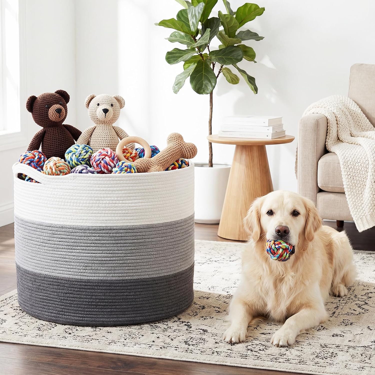 XXXXL 125L Extra Large Blanket Basket, 23.6"x16.9" Giant Woven Cotton Rope Storage Basket with Handle Laundry Hamper Toys Organizer Bin for Living Room Nursery Play Room(White, Light Gray & Dark Gray)