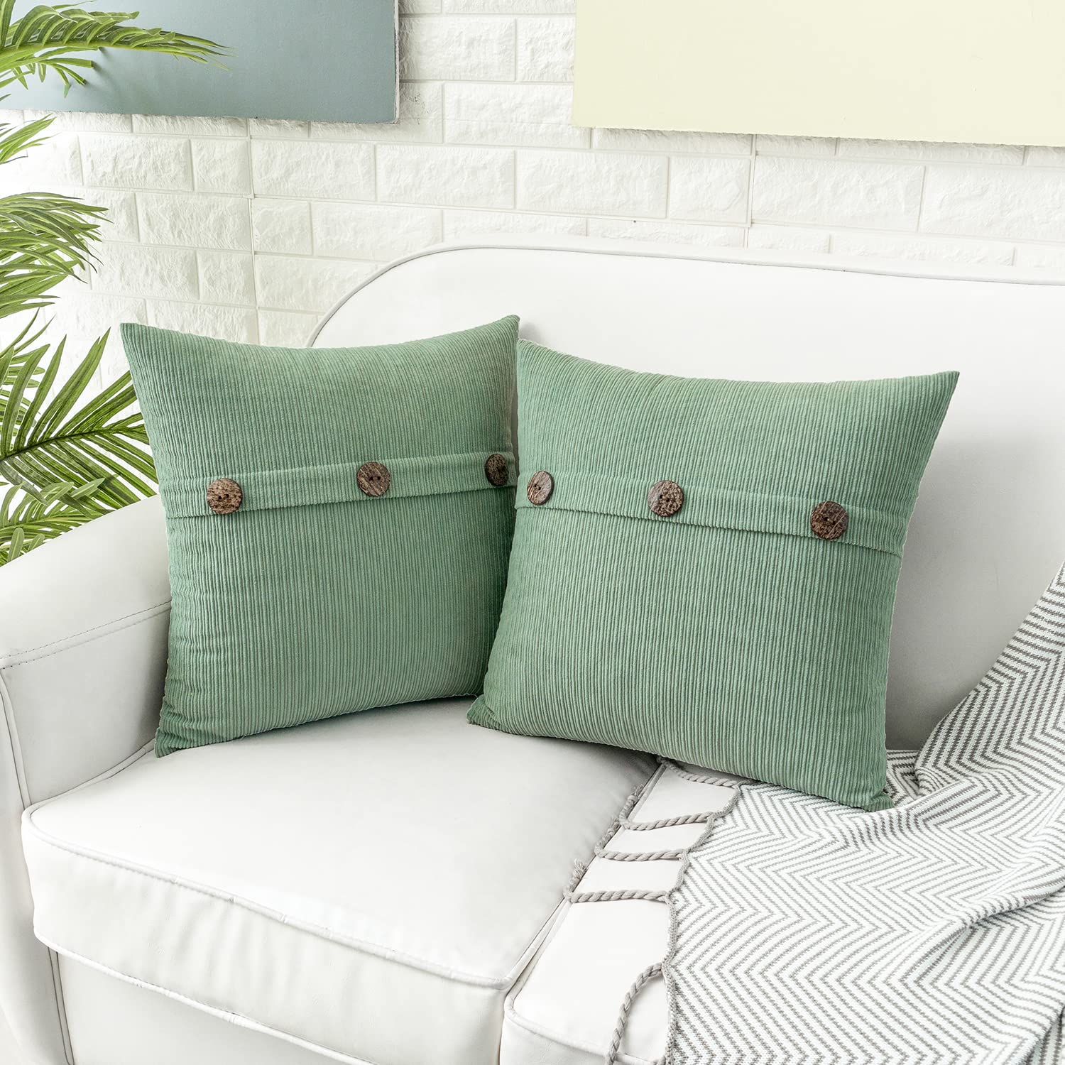 HWY 50 Sage Green Spring Chenille Cushion Covers 40cm x 40cm (16"x16") with Triple Buttons, Set of 2 - Image 3