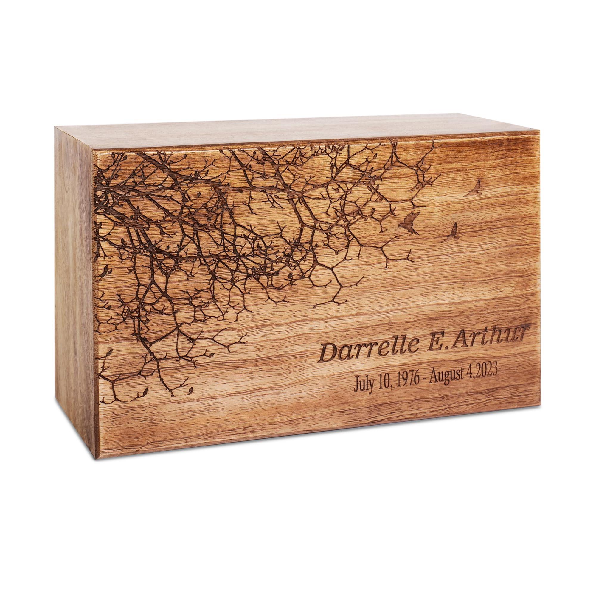 Personalized Wooden Cremation Urn for Human Ashes Decorative Box Funeral Urns for Adult Male Female | Tree of Life Flying Bird | Satin Bag - Maryam — image 1