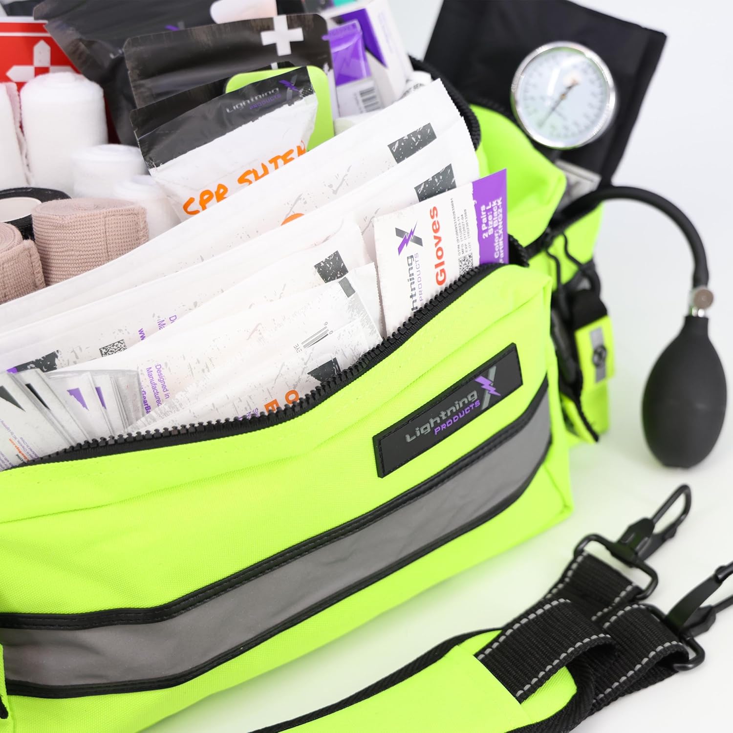 Lightning X Mid-Sized First Responder EMT Bag | LXMB25 | Fully Stocked w/ 240+ First Aid, EMS & Trauma Supplies - Fluorescent Yellow