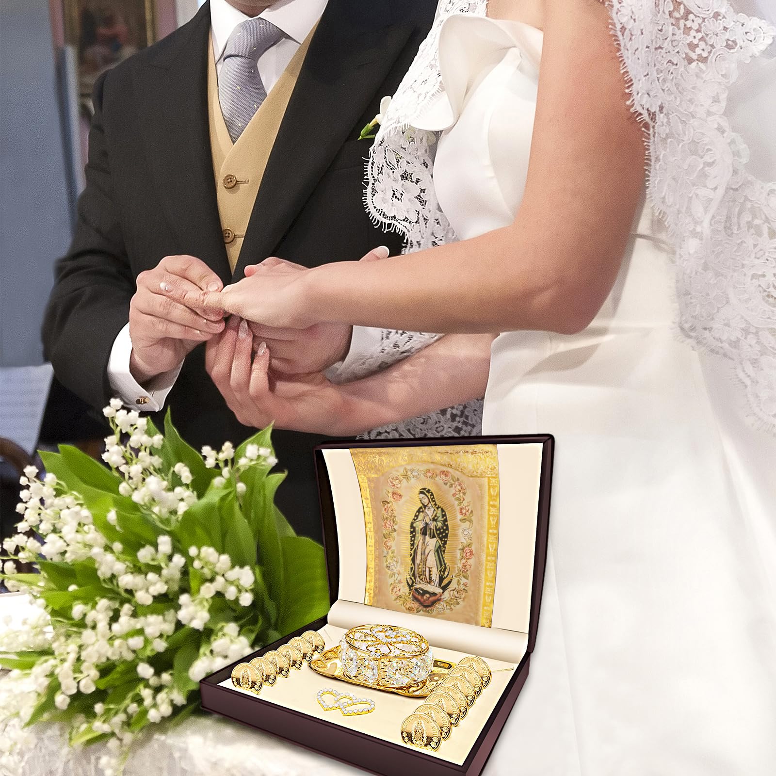 ESNOY Arras De Boda Católica Virgen De Guadalupe Regalos, Arras Para Boda Catolica, Arras De Matrimonio, Arras para Monedas de Boda Católica, Clásico Oro Ceremonia Arras Set Decoracion Accesorios de