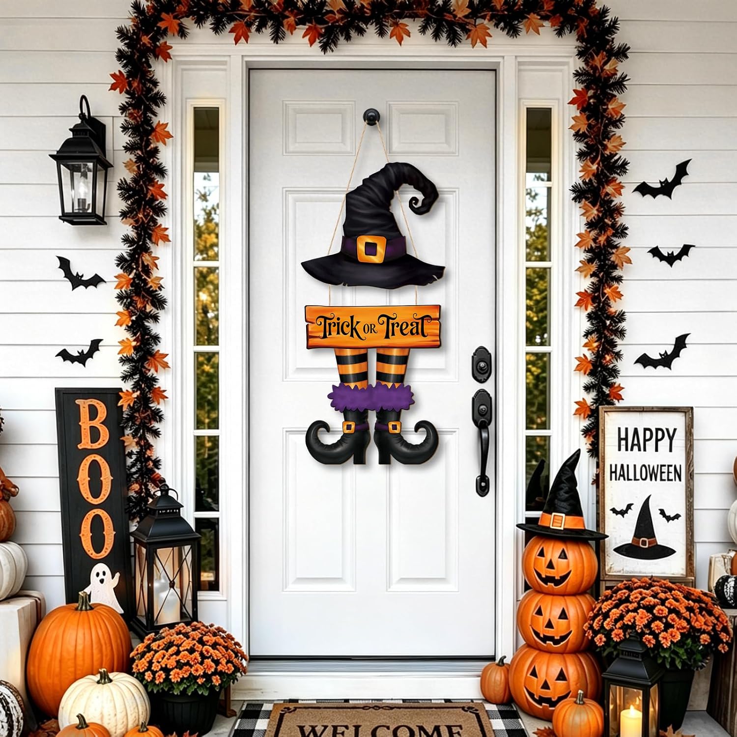 Halloween Decorations Wooden Witch Halloween Door Wreath for Front Door Sign Wall Signs, Witch Feet Trick or Treat Welcome Sign Hanging for Home Wall Decor Party Outdoor Indoor Supply Vintage Office