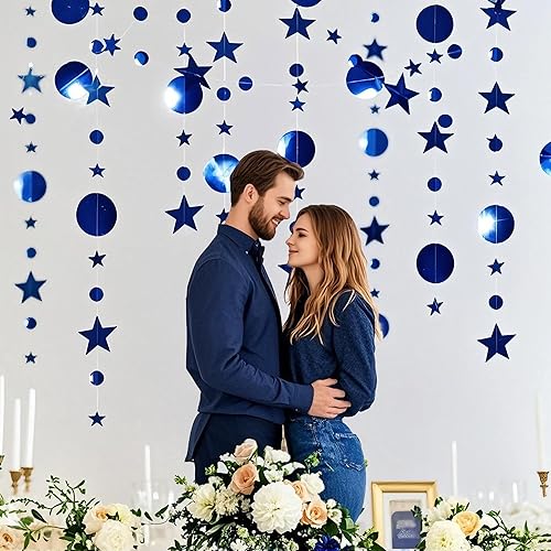Miniatura 7 de Decoración de fiesta azul azul con círculos de estrella azul para colgar, decoración de serpentina colgante con purpurina de estrella, telón de