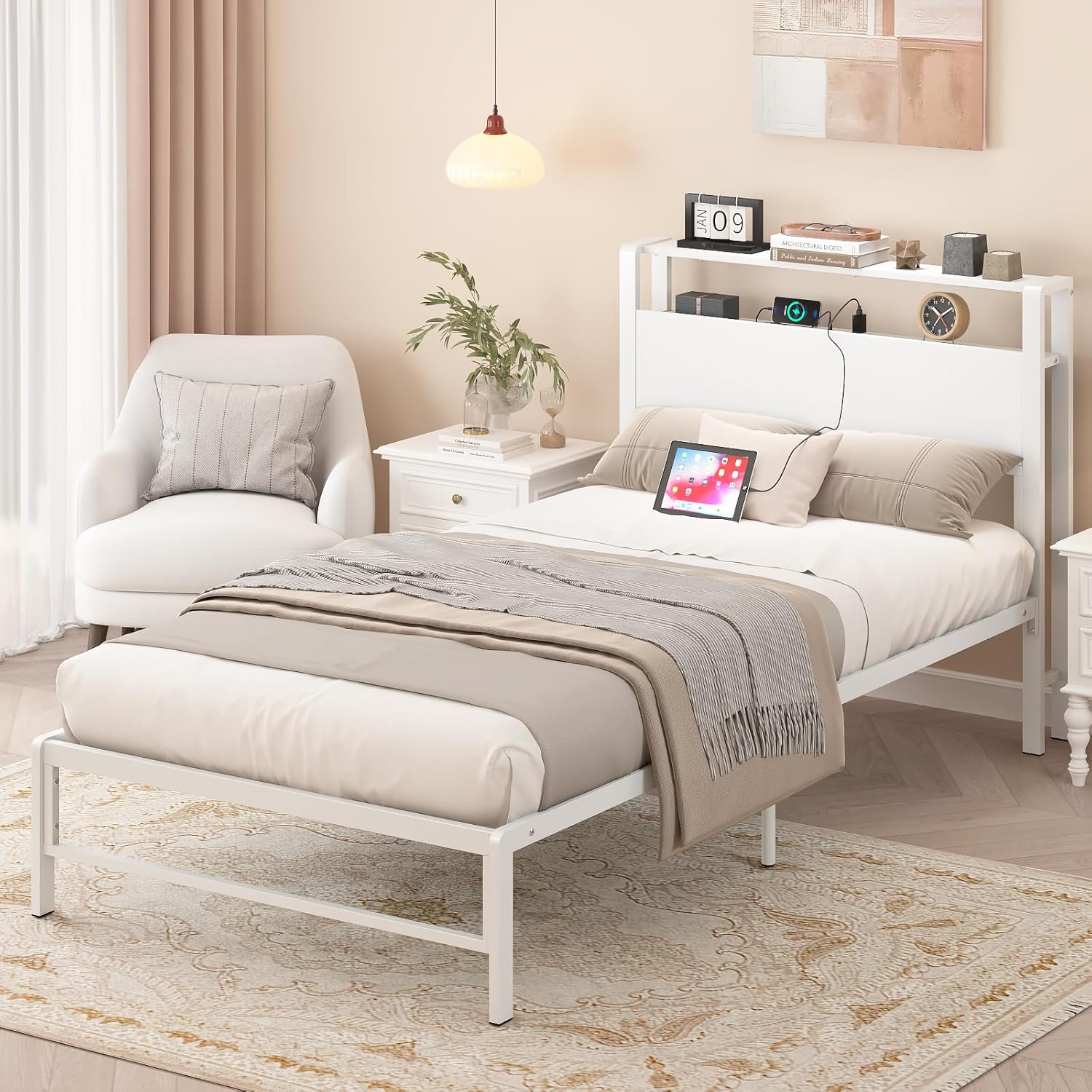 Twin Bed Frames with Charging Station, 2 Tiers Storage Headboard Twin Sized Bed No Box Spring Needed Heavy Duty Metal Platform, White Twin White