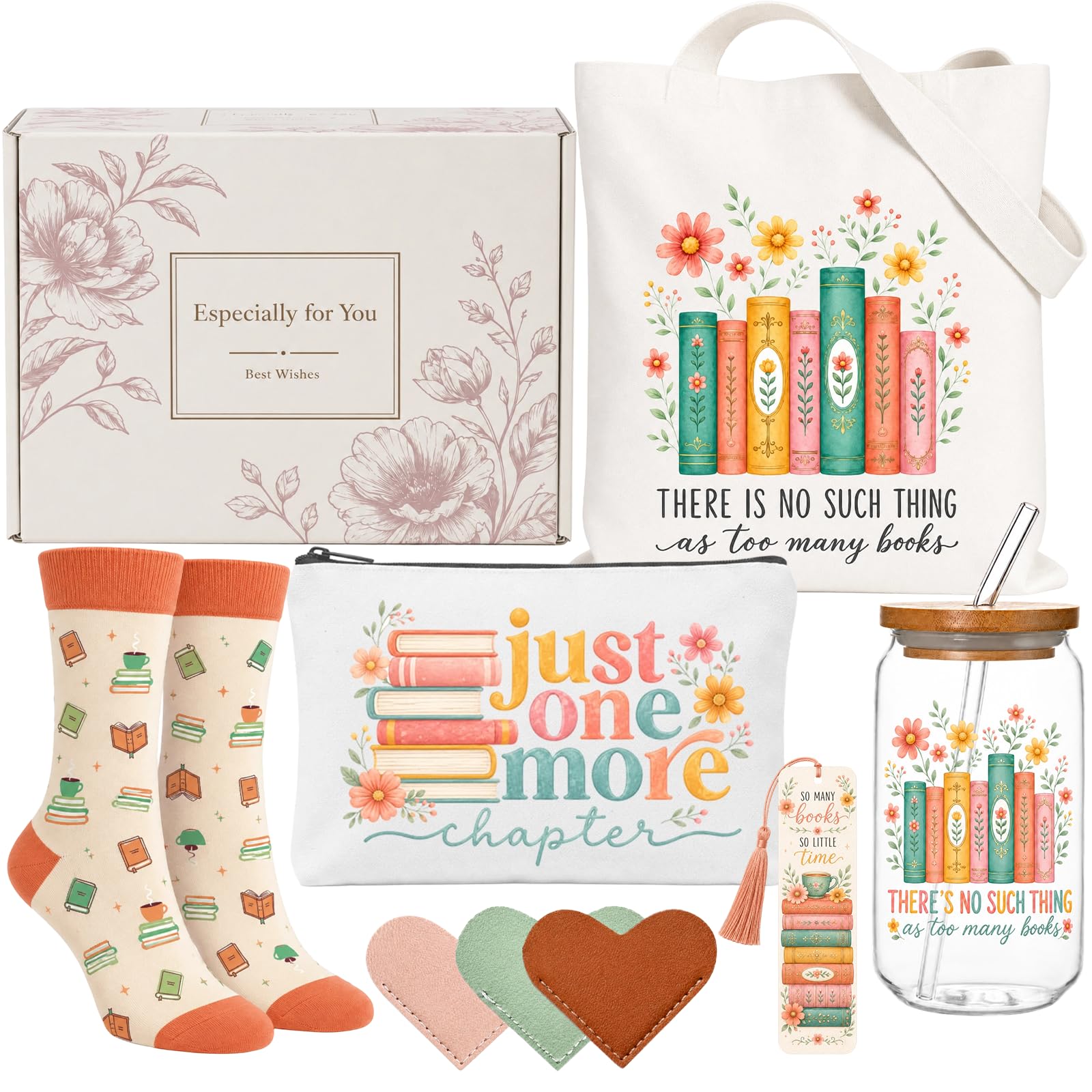 Runovate Book Lover Gifts, 9 Piece Reading Set with Tote Bag and Straw Cup