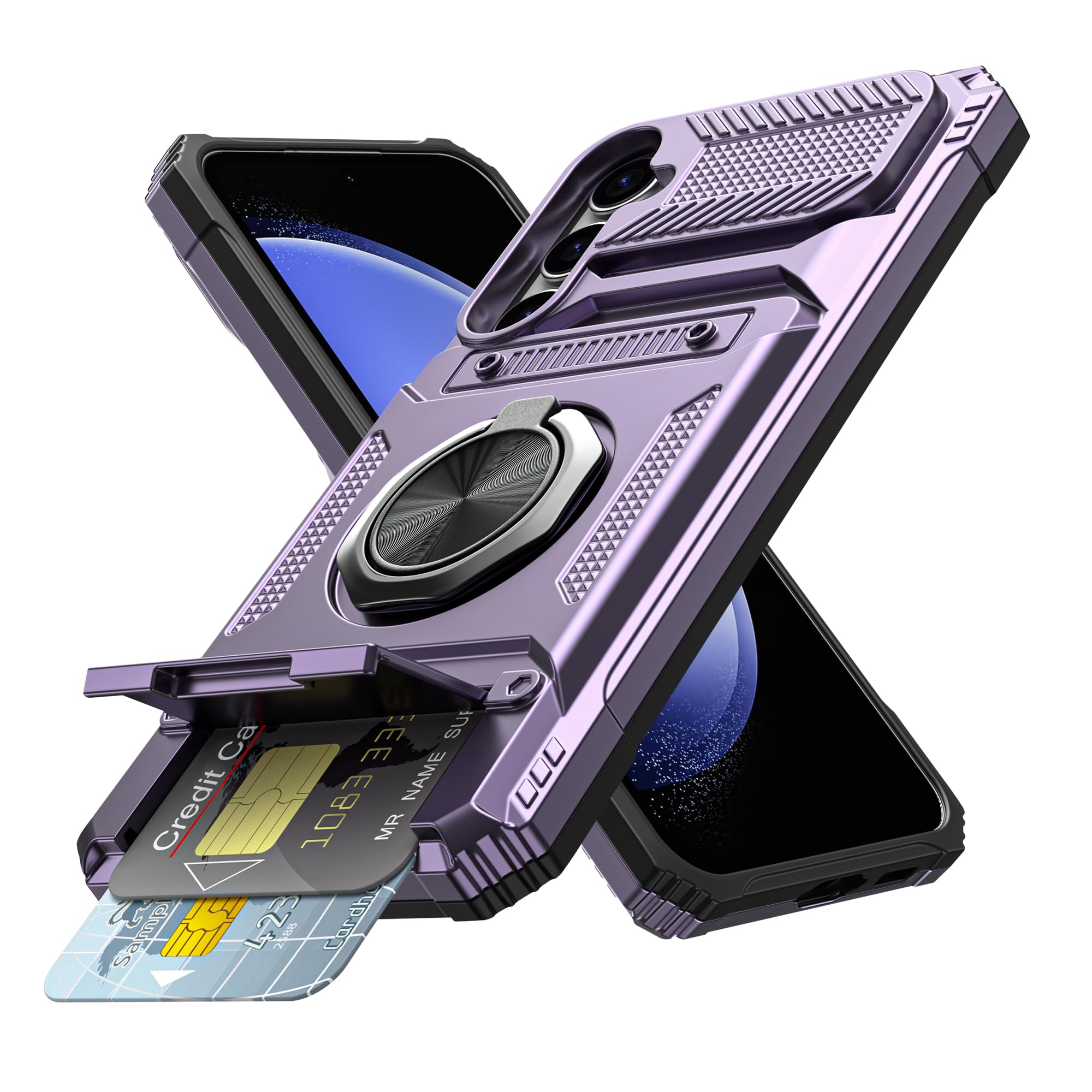 Photo 1 of Vofolen for Samsung Galaxy S23 FE Case with Card Holder [Store 2 Cards] + 360° Rotated Ring Kickstand Dual Layer Heavy Duty Shockproof Wallet Cover for Galaxy S23 FE Case for Woman Man, Purple