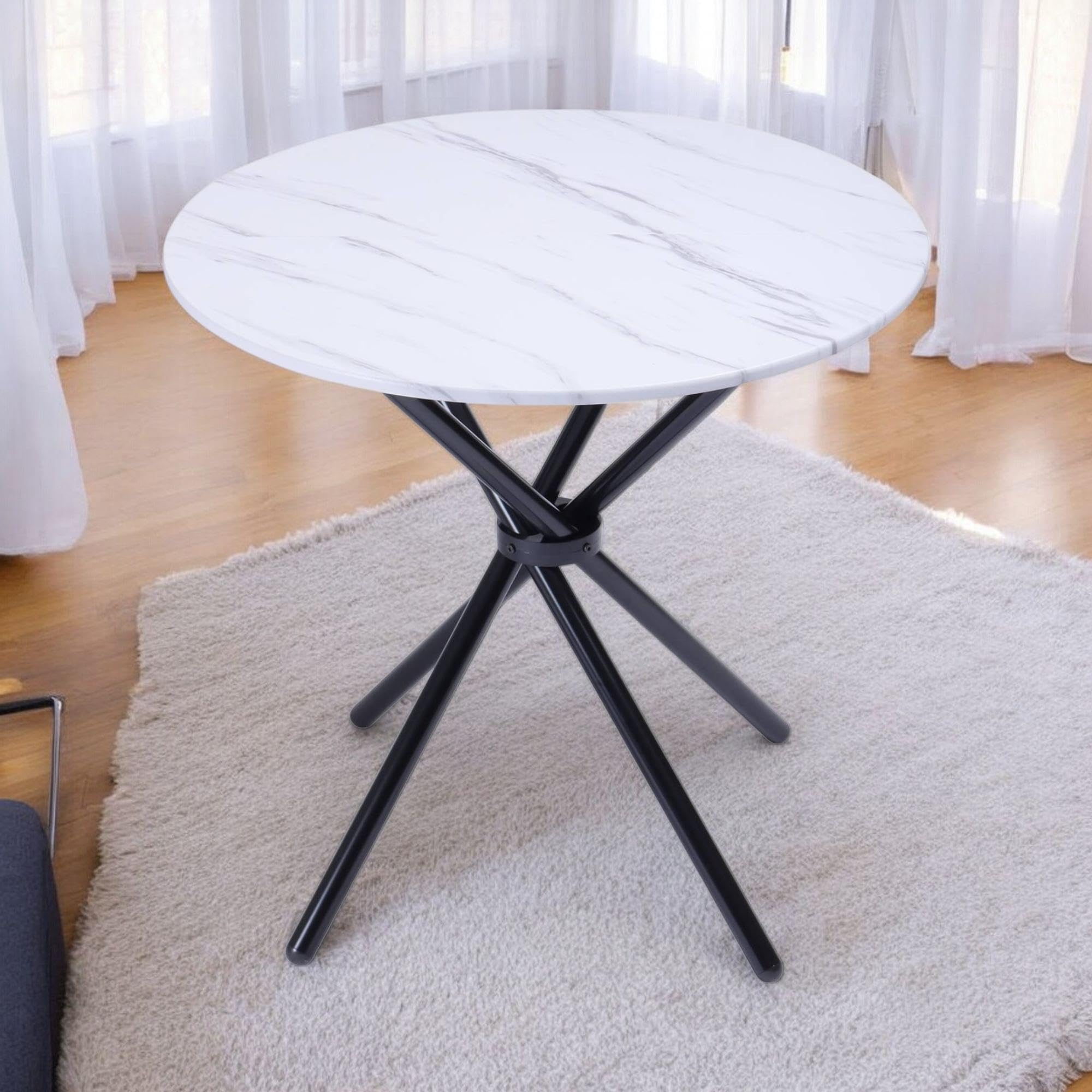 FurnitureR Round Bistro Mesa, 80 x 80 cm Dining Desk, H-75 cm Low Bar Mesa, MDF y Iron Frame, White Marble Top, Ideal para Balcony, Terraza, Indoor Kitchen, Home Bar, Restaurante