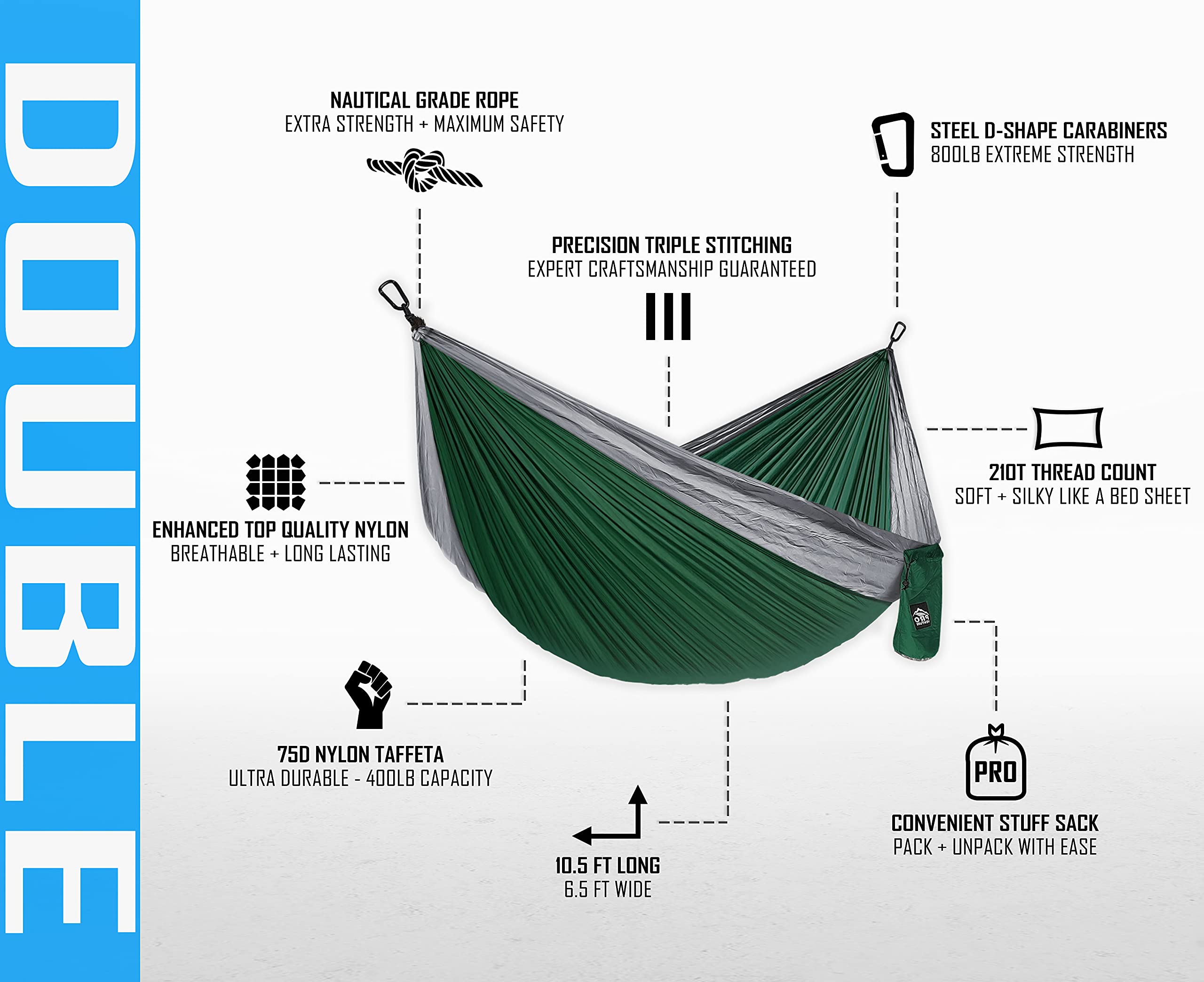 Hamaca de camping – Hamacas dobles o individuales con correas de árbol – Hamaca portátil grande para 2 personas – Hamaca ligera de nailon de paracaídas – XL para mochileros, viajes