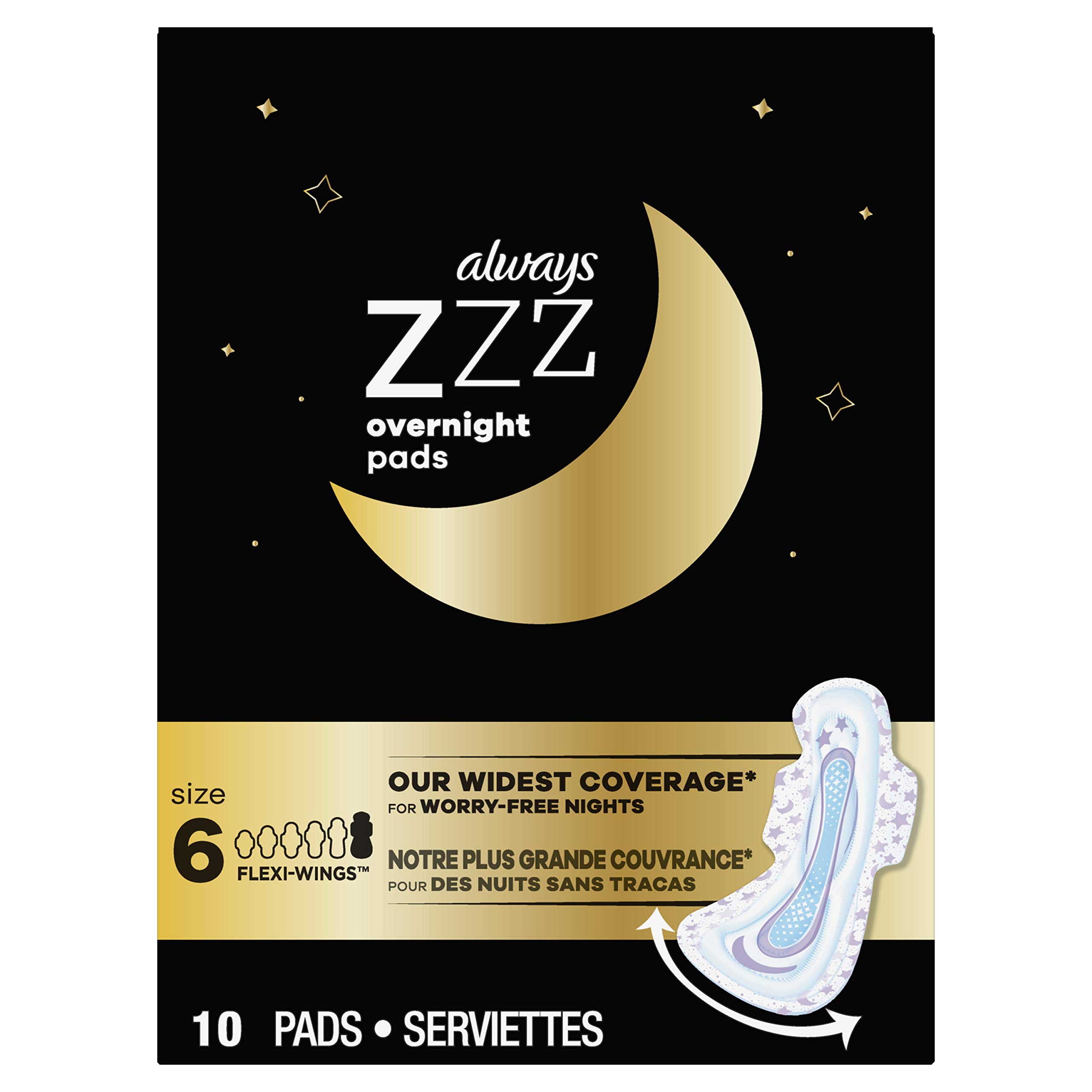 Photo 1 of Always ZZZ Overnight Pads for Women Size 6 Unscented with Wings, Always' Widest Coverage for Worry-Free Nights, 10 Count Size 6 (10 Count)