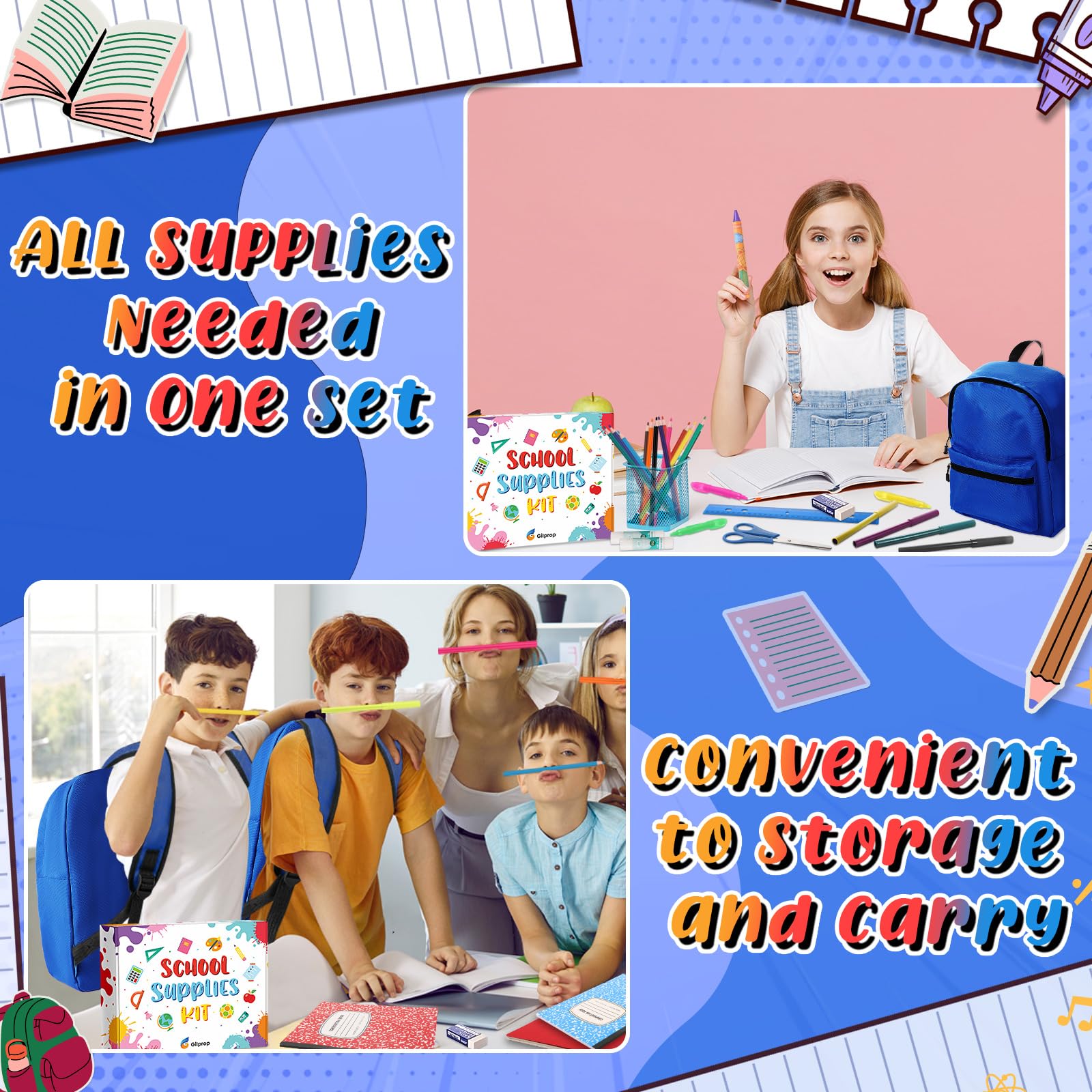 Gilprop Confezione da 68 articoli per il rientro a scuola per bambini, studenti K-8, kit di forniture per la scuola elementare e media, accessori essenziali, penne, quaderni, cancelleria per