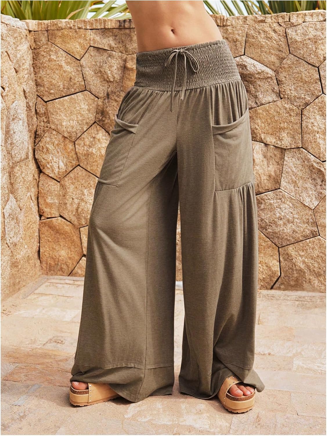 WDIRARA Women's High Waist Smocked Palazzo Pants Flowy Lounge Wide Leg Pants - Image 7