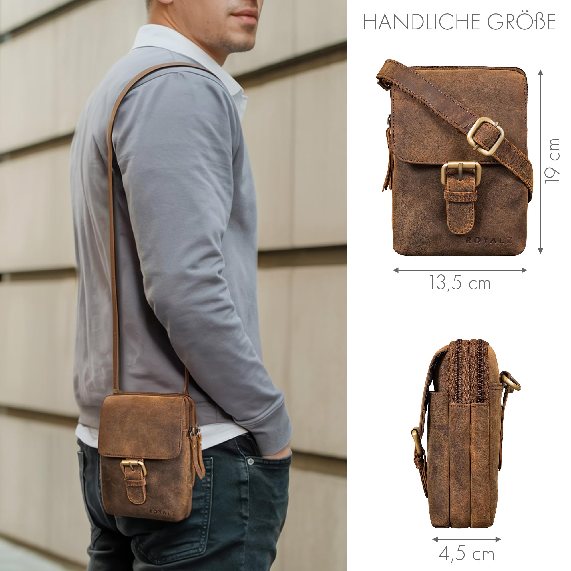 ROYALZ "Dalton 3-in-1 kleine Umhängetasche Herren Echtleder - als Gürteltasche Schultertasche oder Handytasche - Multifunktionale Mini Tasche Leder für Männer;Farbe:Schwarz