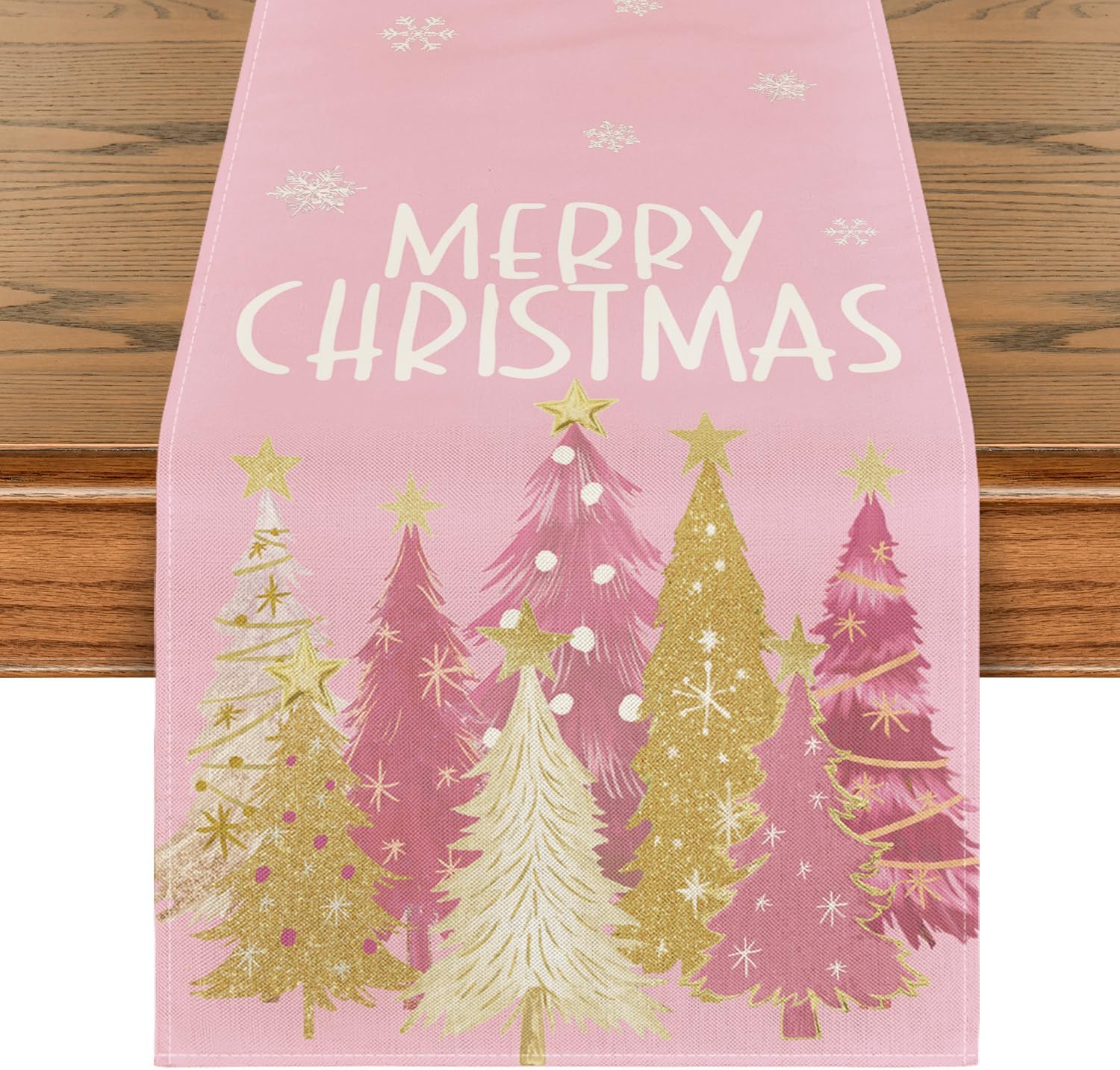 Artoid Mode Xmas Trees Snowflakes Pink Merry Christmas Table Runner, Winter Seasonal Kitchen Dining Table Decoration for Home Party Decor 13x72 Inch 13" x 72", Table Runner Pink