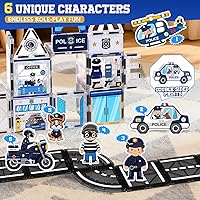 Vista 2 de 60 piezas de conjunto de azulejos magnéticos de estación de policía con 6 muñecas magnéticas, bloques de construcción de azulejos magnéticos
