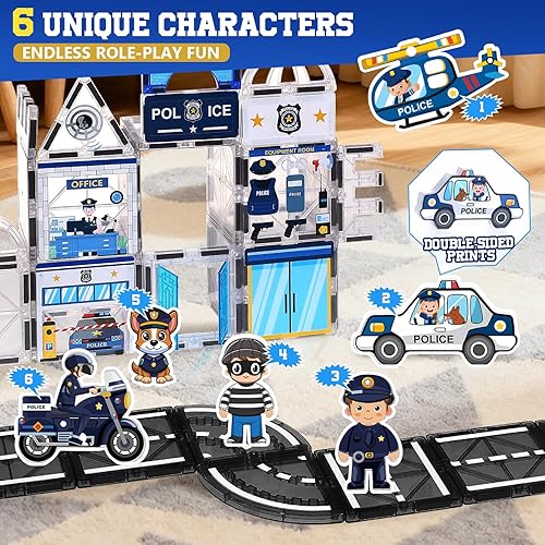Miniatura 2 de Juego de 60 piezas de azulejos magnéticos de estación de policía con 6 figuras magnéticas, juguete para niños de 3-5, 4, 8, 12, juguetes magnéticos