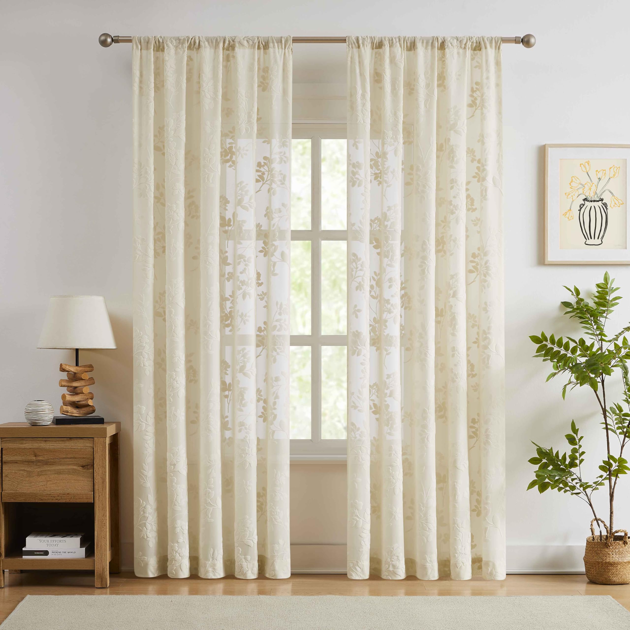 Abstractex Begie Lace Net Curtains 90 Inches Long Floral and Branch Sheer Panels for Bedroom Rod Pocket Luxury Vintage Light Filtering Victorian Window Treatment Sets for Living Room, 54" W 2 Panels