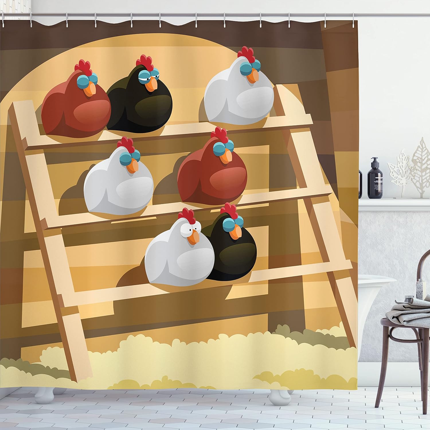 Lunarable Chicken Shower Curtain, Group of Hen Sleeping on Perch in Farm Colorful Doodle Stylenimal Design, Cloth Fabric Bathroom Decor Set with Hooks, 70" Long, Pale Brown